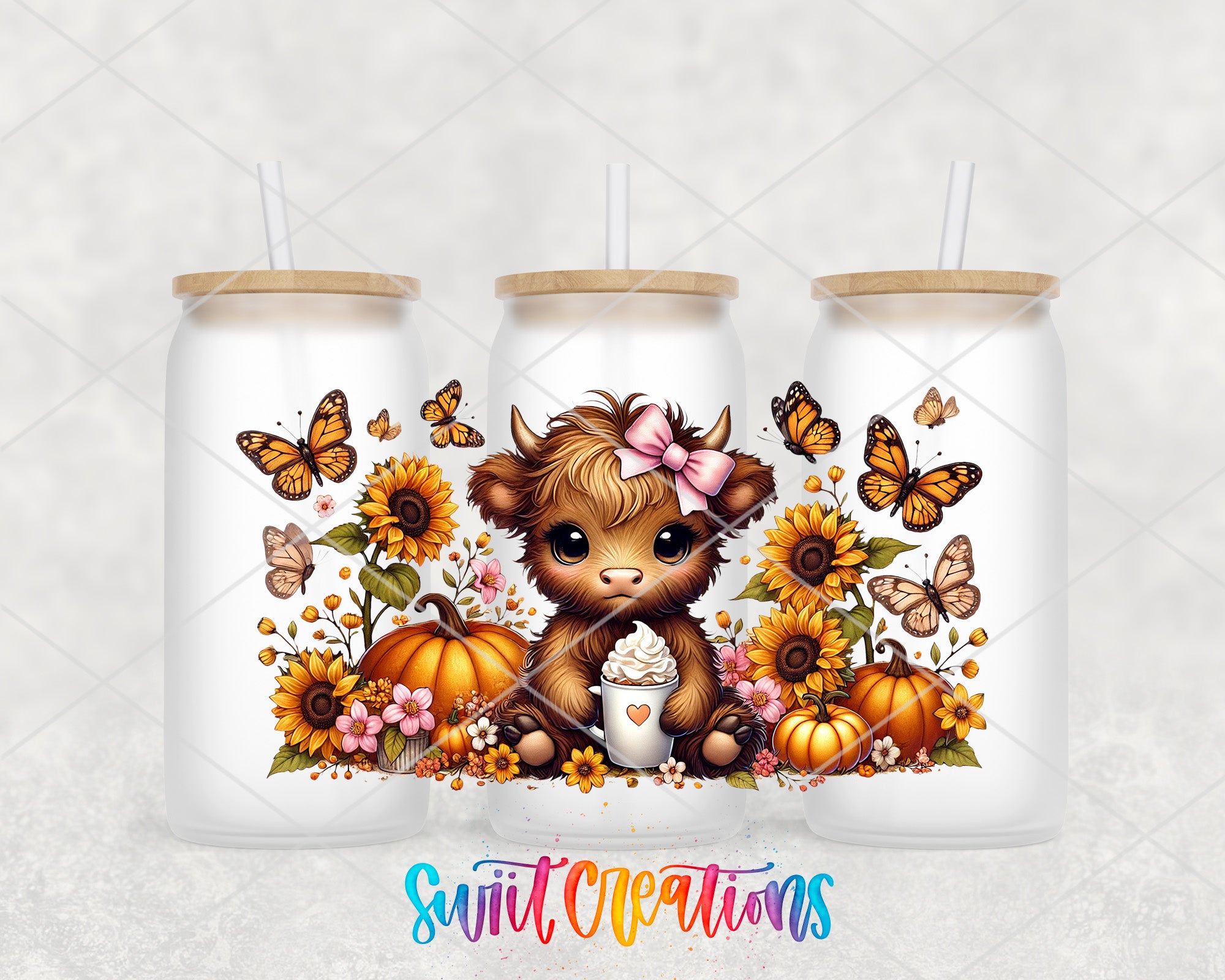A cartoon cow with a bow on its head is surrounded by autumn-themed elements such as pumpkins, sunflowers, and butterflies. The cow is holding a cup of hot chocolate and is sitting on a pumpkin. The image is a collage of three separate images, and the text "Sweet Creations" is displayed at the bottom.