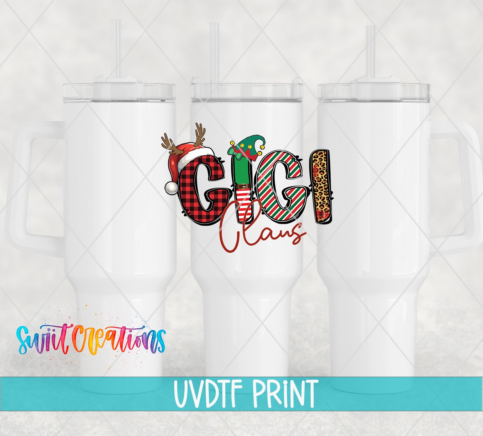 three white coffee mugs with christmas designs on them