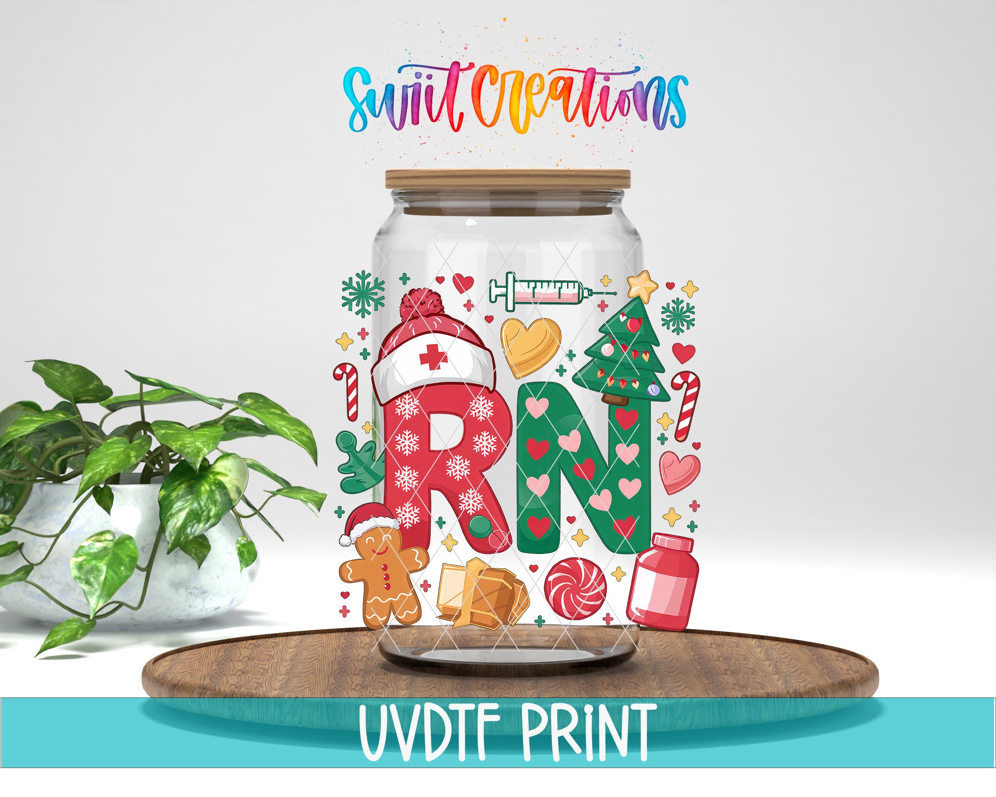 a jar filled with christmas decorations next to a potted plant