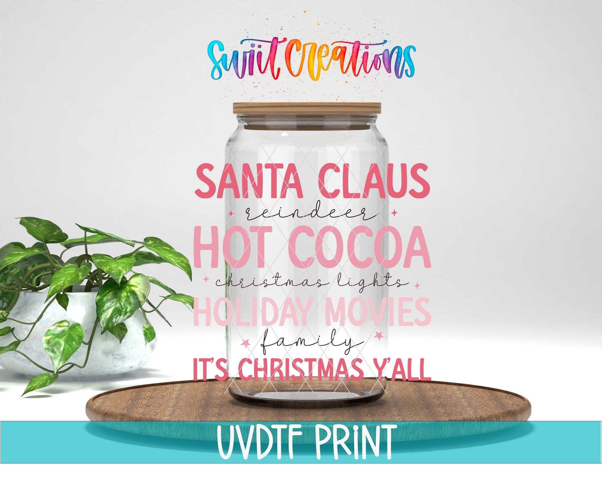 The image is a promotional graphic for a company called "Swit Creations" that offers various holiday-themed items, including Santa Claus, hot cocoa, Christmas lights, holiday movies, and family. The company is represented by colorful text and graphics, and the image is described as a collage of multiple images.