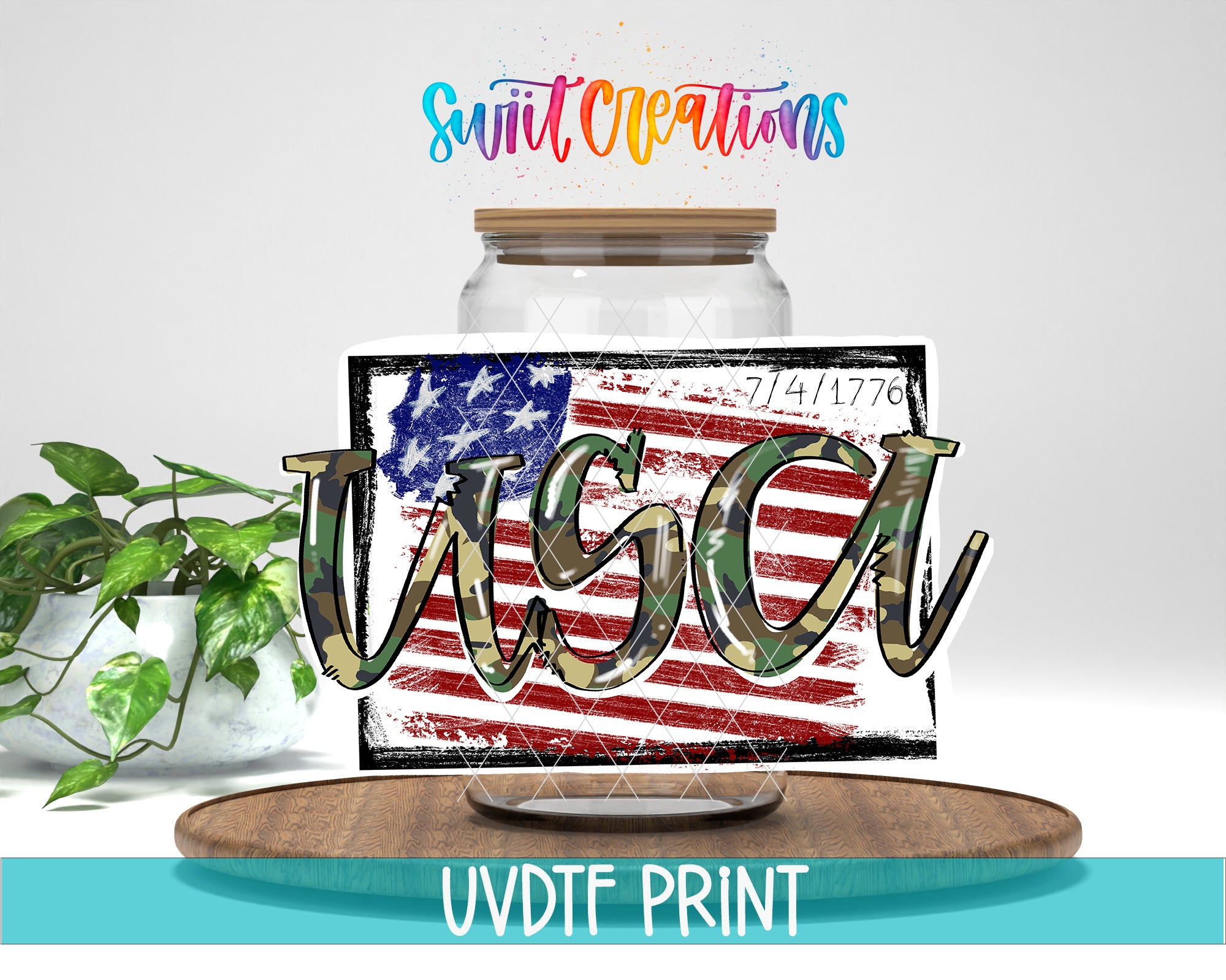 a jar with a camouflage pattern and the word "USA" printed on it, along with a plant and a wooden tray.