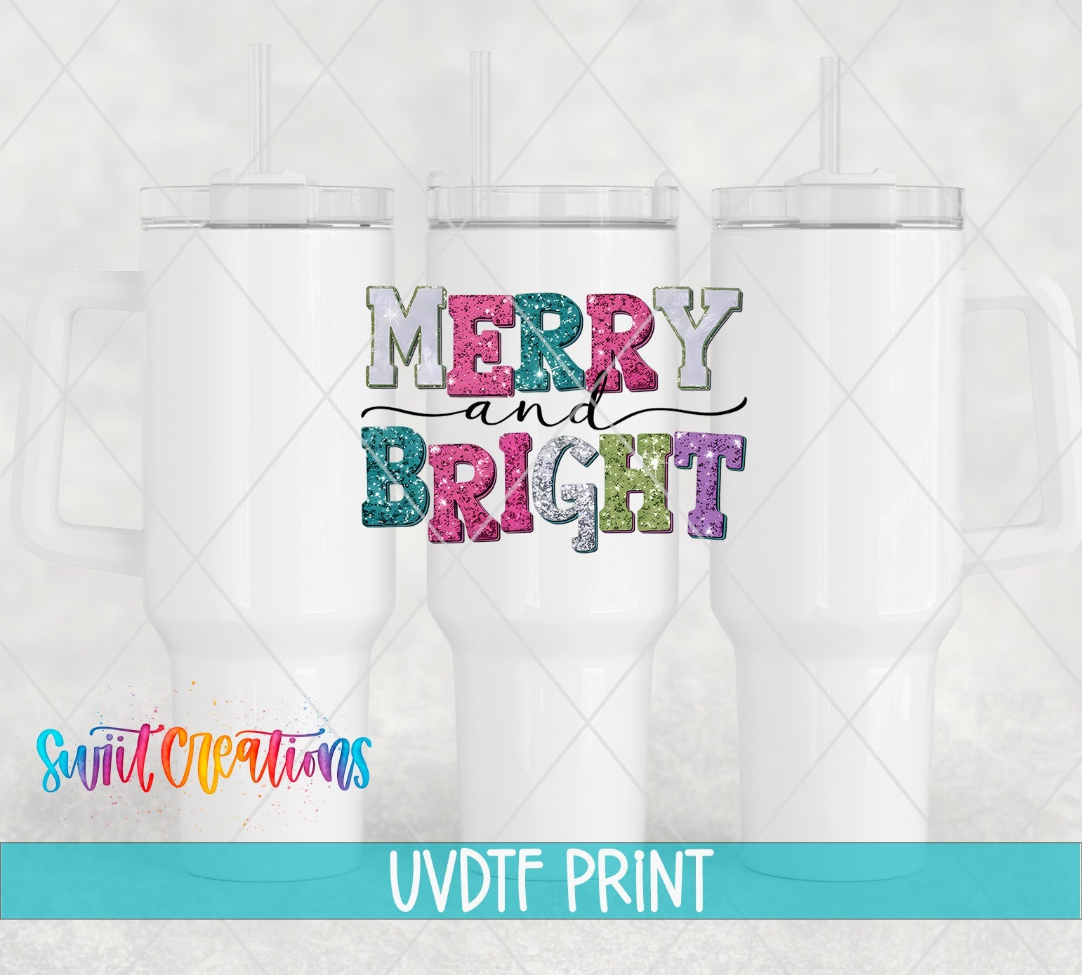 three white tumbles with merry and bright lettering on them