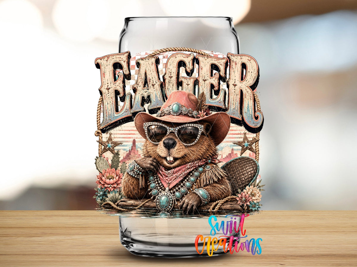 Eager Beaver Western Beaver UV DTF transfer applied to a clear glass can from Swiit Creations