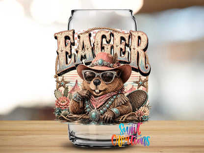 Eager Beaver Western Beaver UV DTF transfer applied to a clear glass can from Swiit Creations