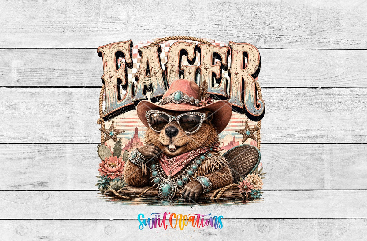 Eager Beaver Western Beaver UV DTF transfer shown as a full artwork preview from Swiit Creations