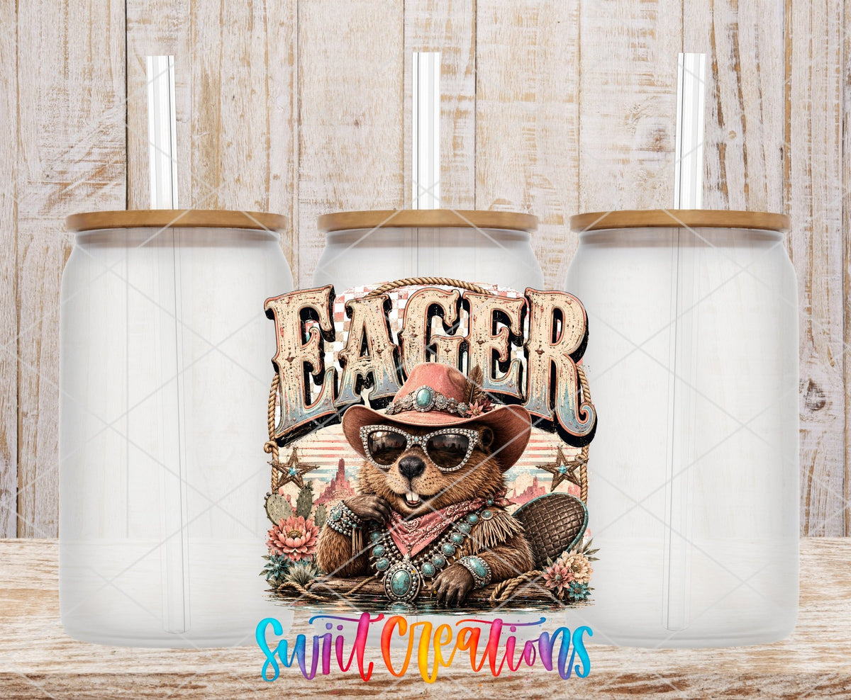 Eager Beaver Western Beaver UV DTF transfer applied to a clear glass can set from Swiit Creations