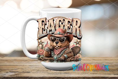 Eager Beaver Western Beaver UV DTF transfer displayed on a white ceramic mug from Swiit Creations