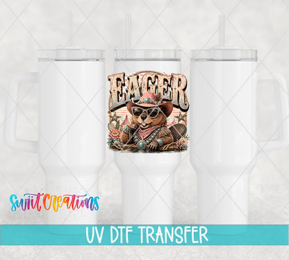 Eager Beaver Western Beaver UV DTF transfer applied to a white tumbler set from Swiit Creations