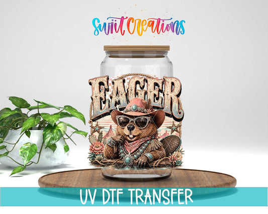 Eager Beaver Western Beaver UV DTF transfer displayed on a clear jar mockup from Swiit Creations