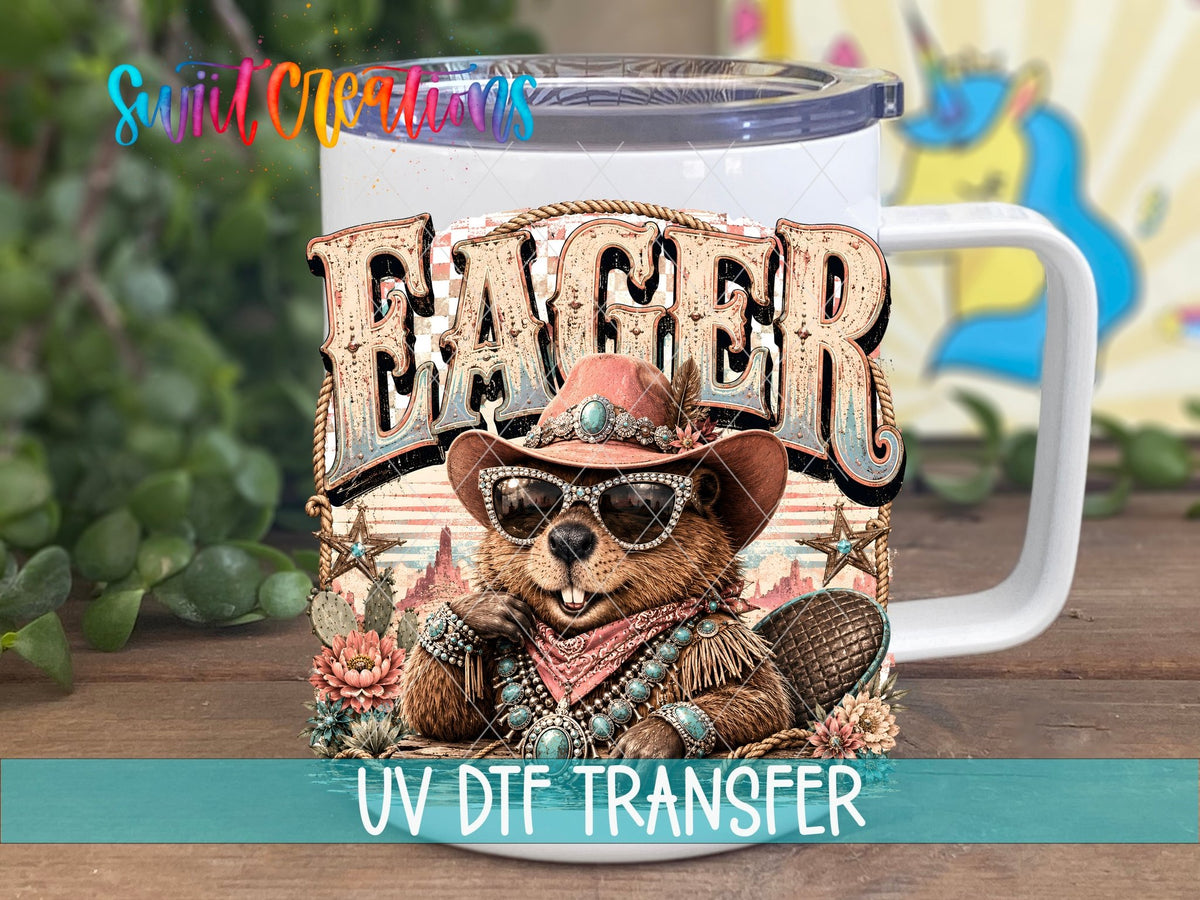 Eager Beaver Western Beaver UV DTF transfer displayed on a white coffee mug from Swiit Creations