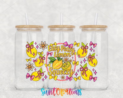 Easy Peasy Lemon Squeezy UV DTF wrap on three glass cans