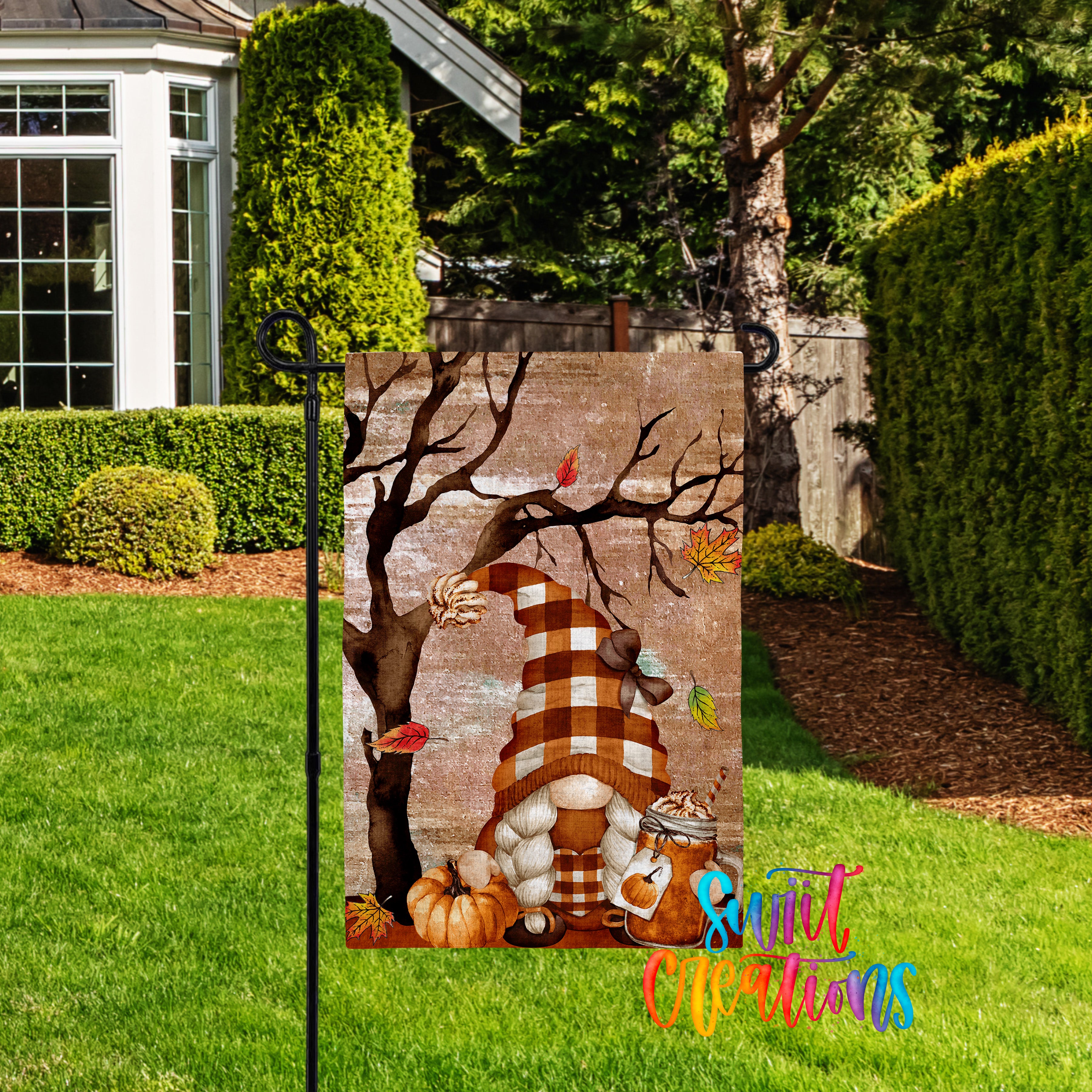 A garden gnome is depicted in a whimsical autumn scene, surrounded by pumpkins, leaves, and a tree with bare branches.