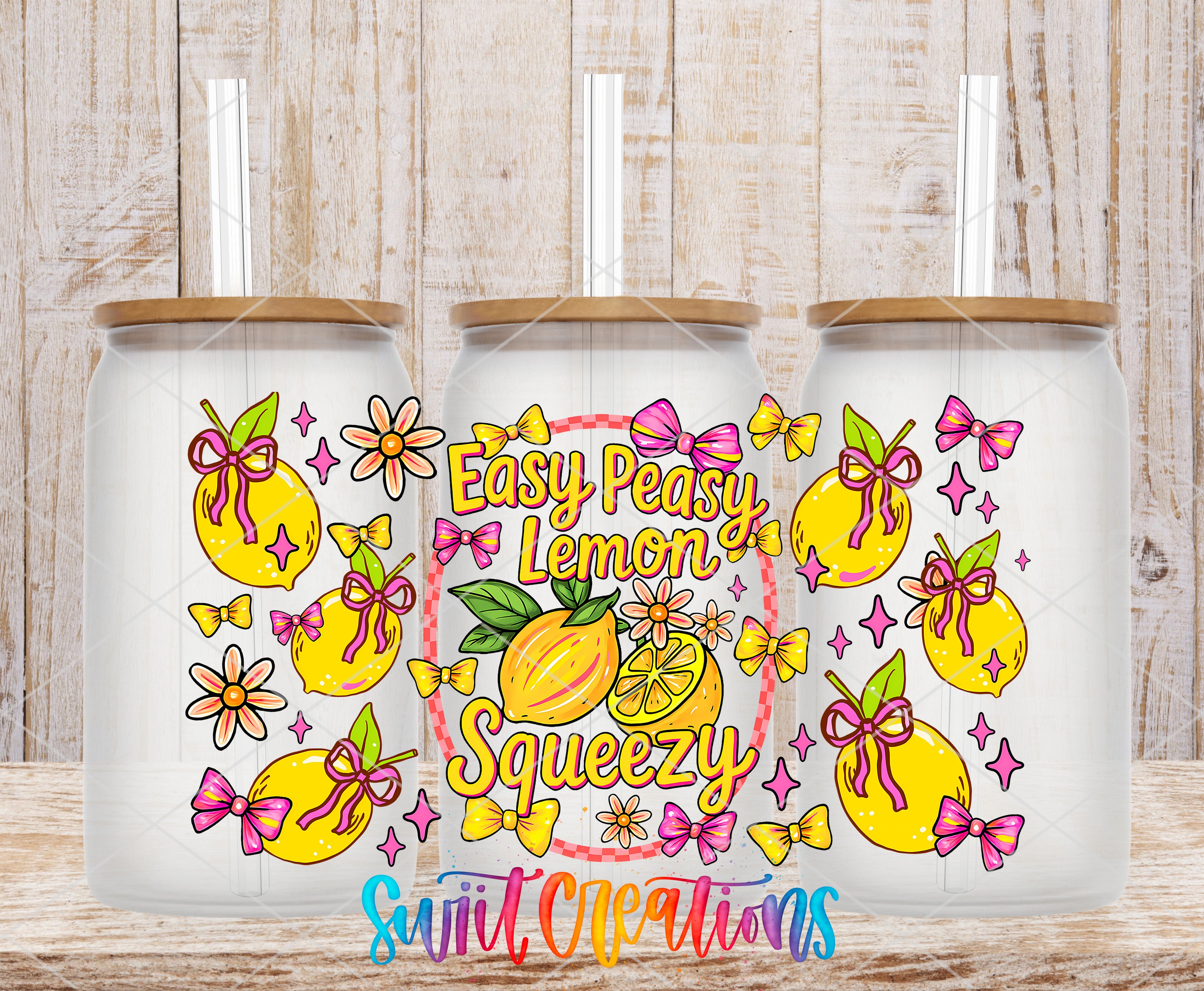 three glass jars with a lemon theme, each with a lid and straw. The jars are decorated with illustrations of lemons, flowers, and bows. The text on the jars reads "Easy Peasy Lemon Squeezy" and "Swift Cleaner".