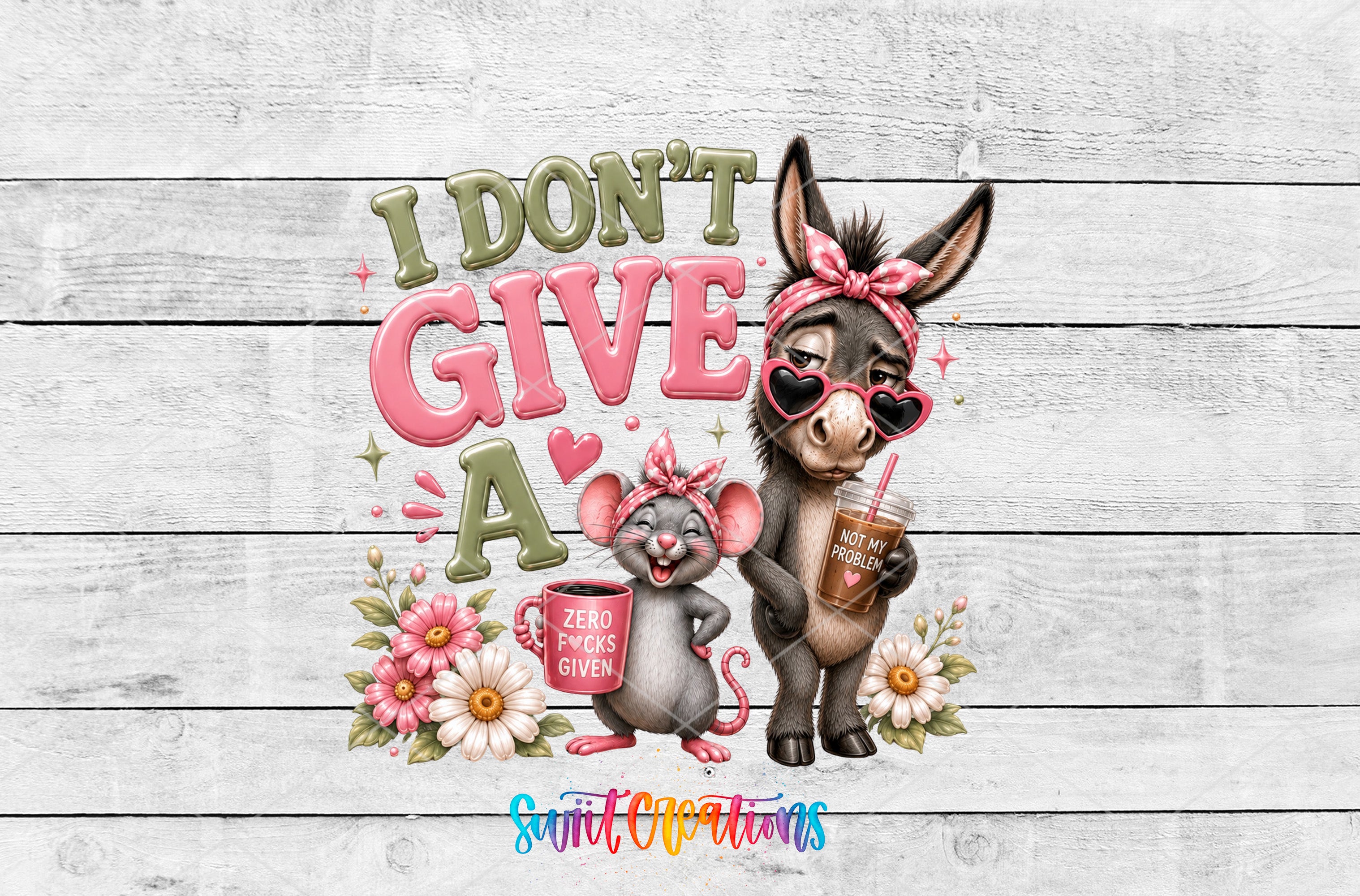 a donkey and a mouse, both wearing sunglasses and holding drinks, with the donkey holding a cup labeled "zero fives given".