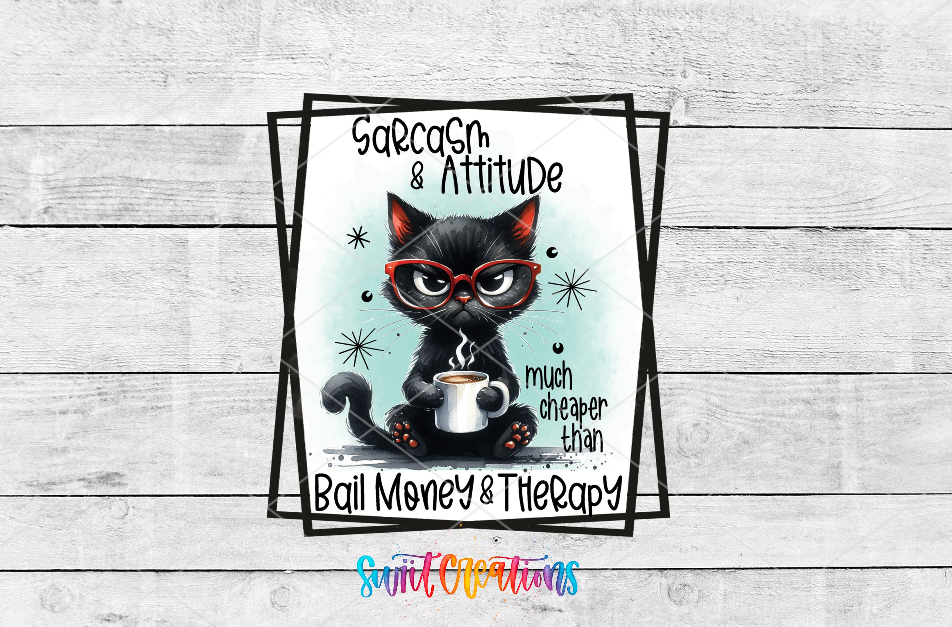 a black cat with glasses holding a cup of coffee