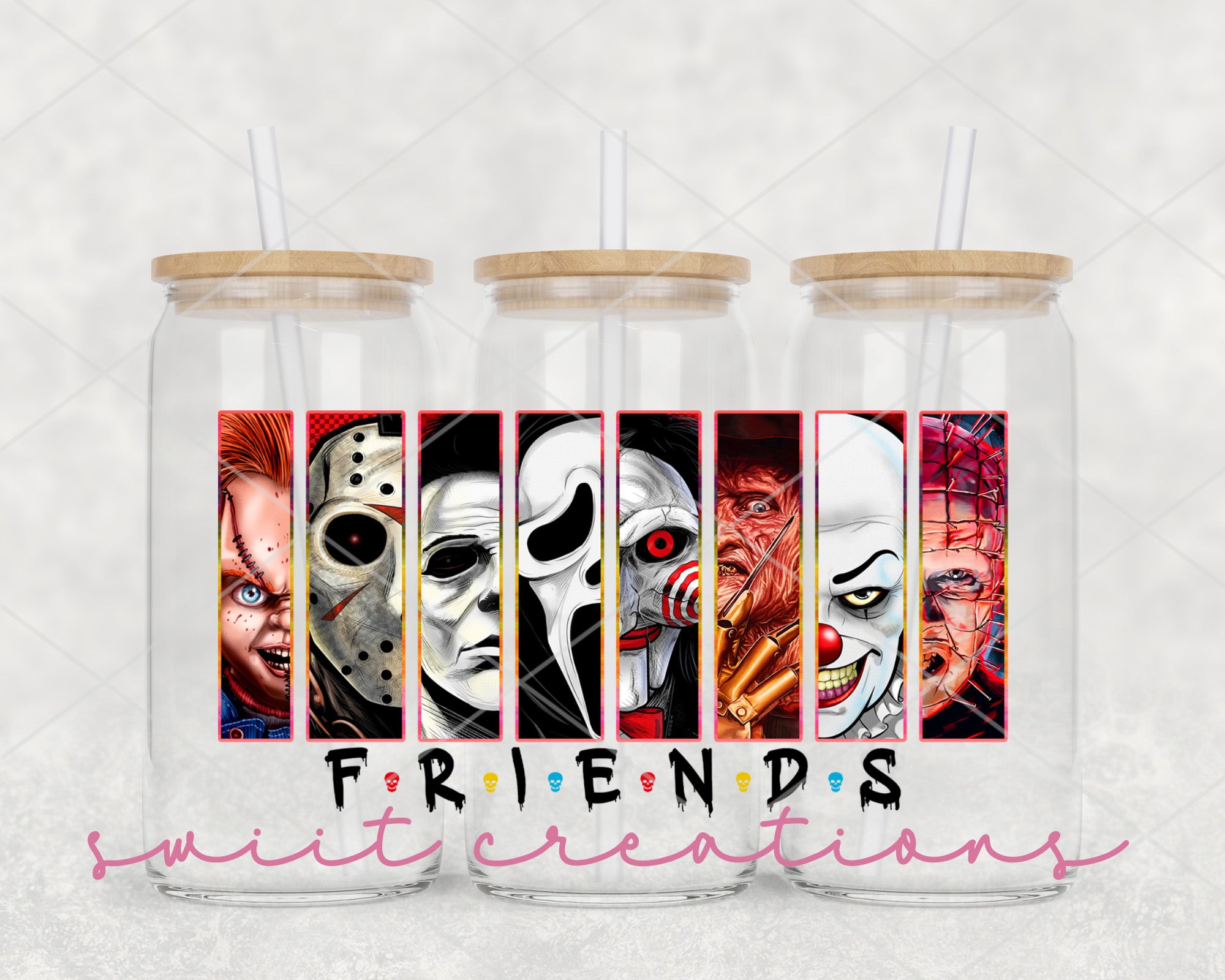 a couple of glasses with faces on them