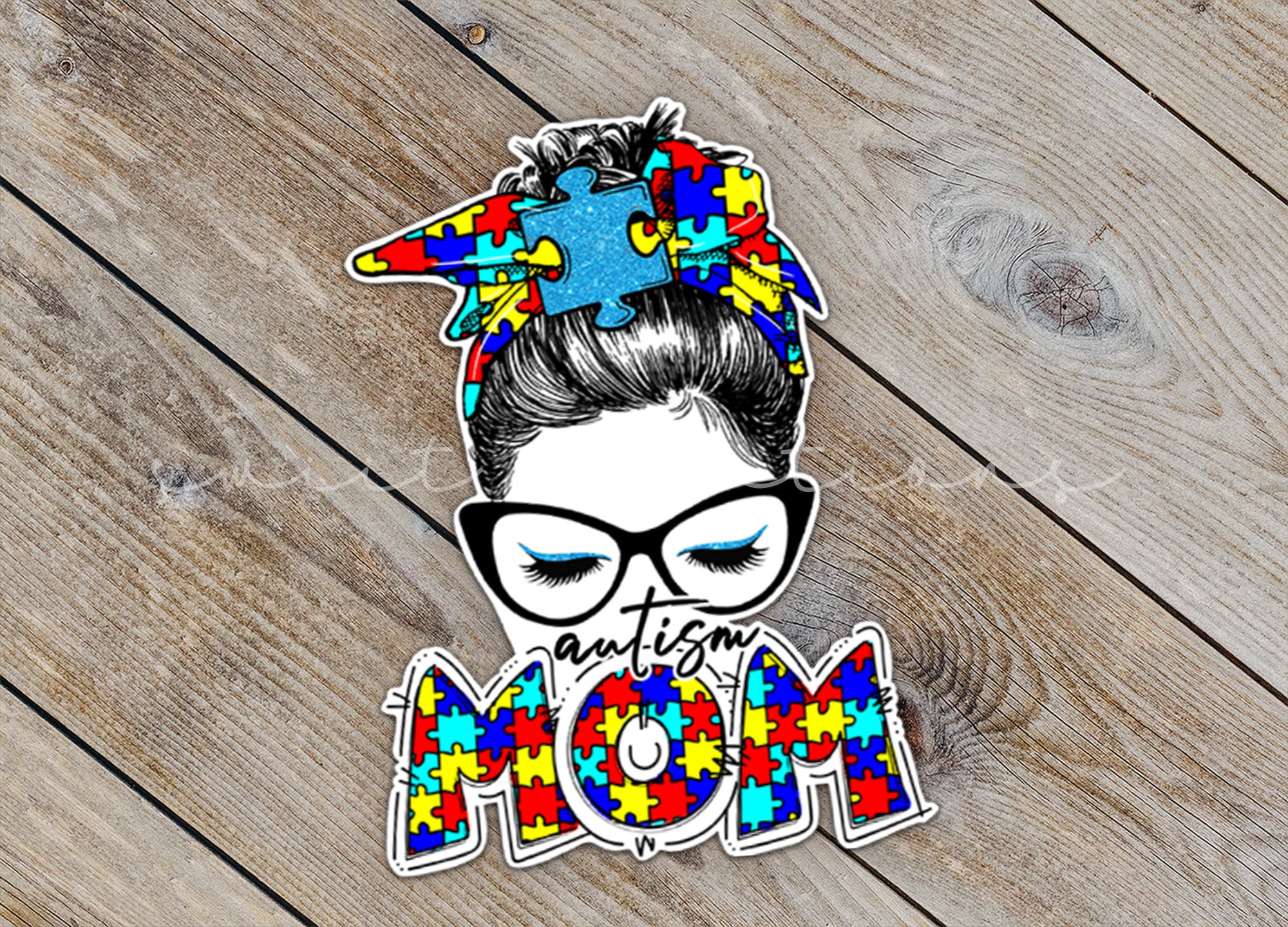 a sticker of a woman wearing glasses and a colorful hat