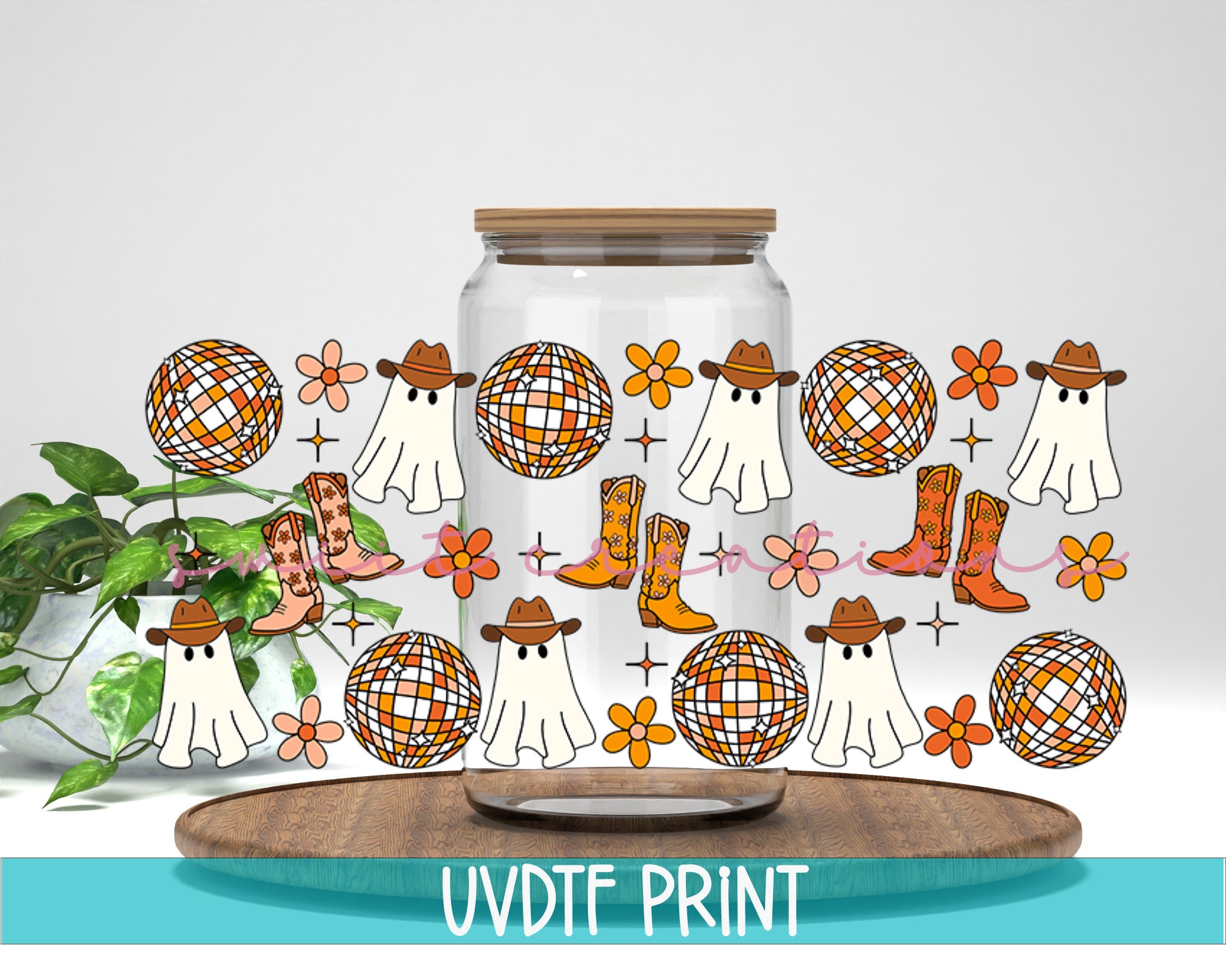 a glass jar with a picture of a couple of people in cowboy boots on it