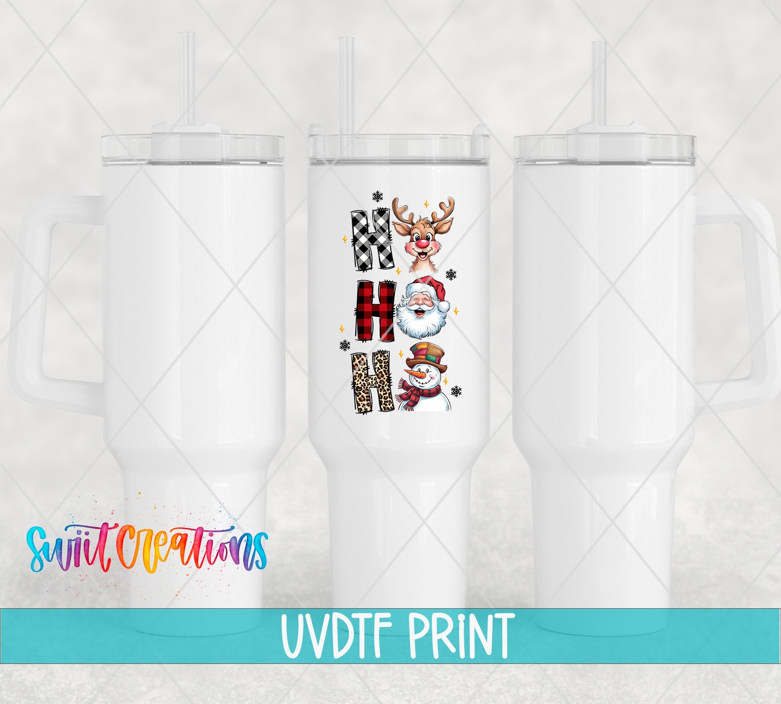three white tumblers with christmas designs on them