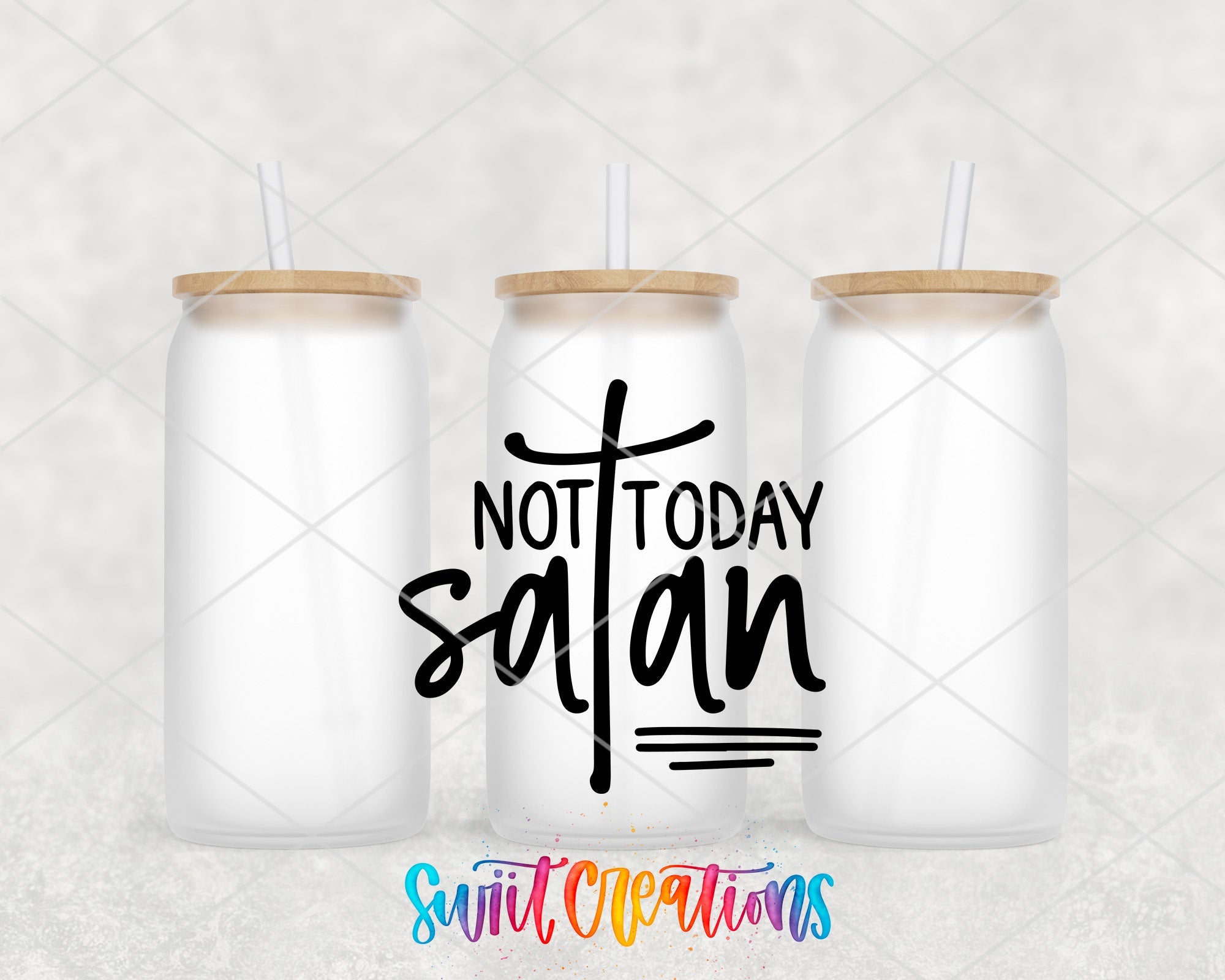 three bottles with straws and a cross on them