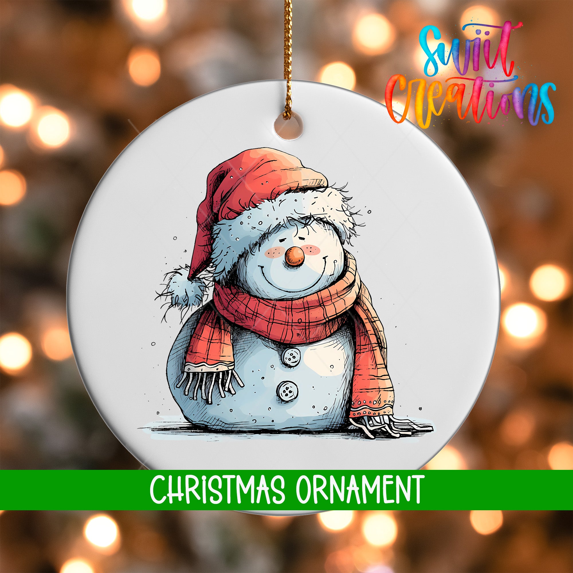 A white Christmas ornament featuring a smiling snowman wearing a red hat and scarf, with the text "Christmas Ornament" below the image.