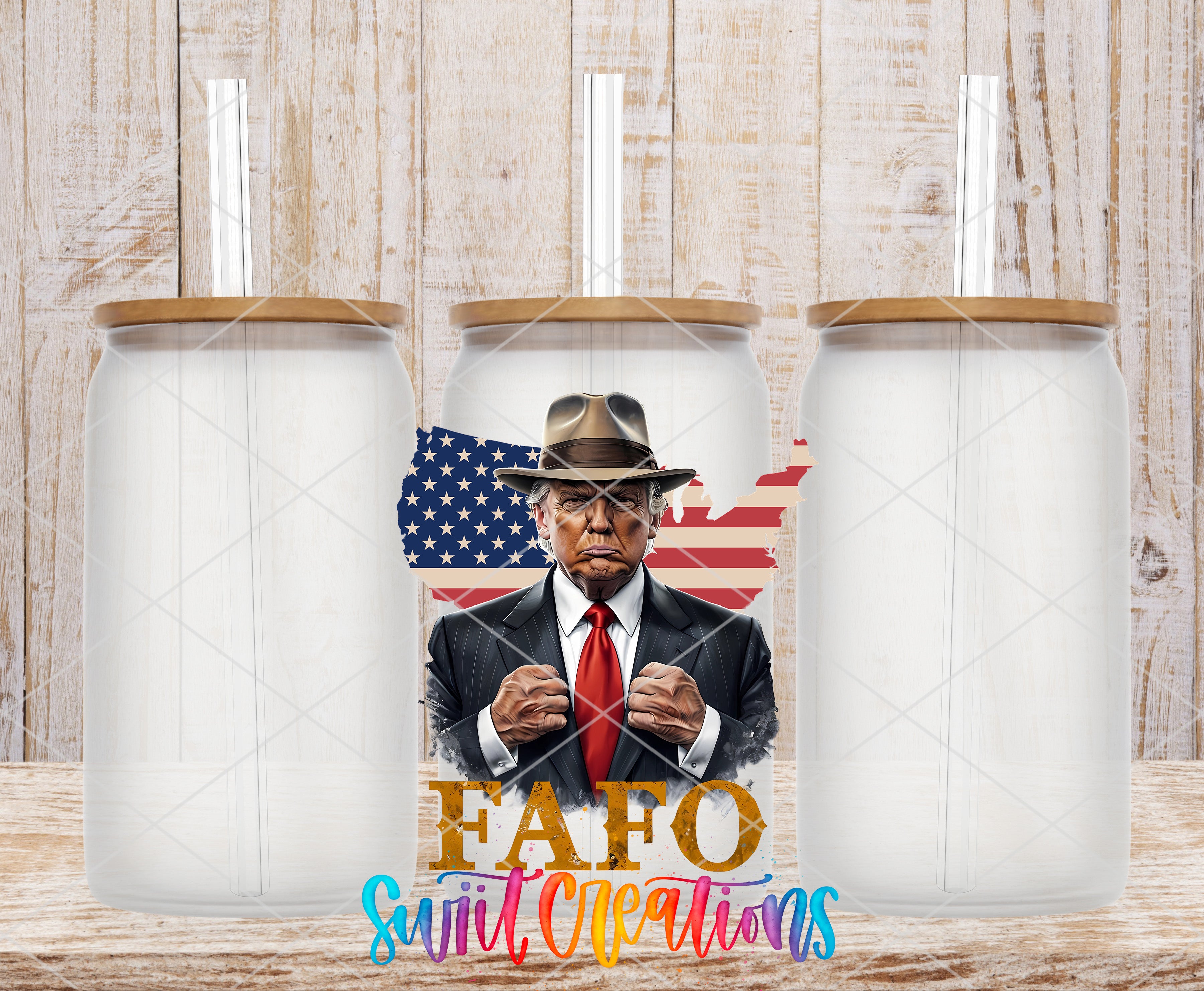 a man wearing a suit and hat, with an American flag in the background, and three empty glass jars with straws on top.