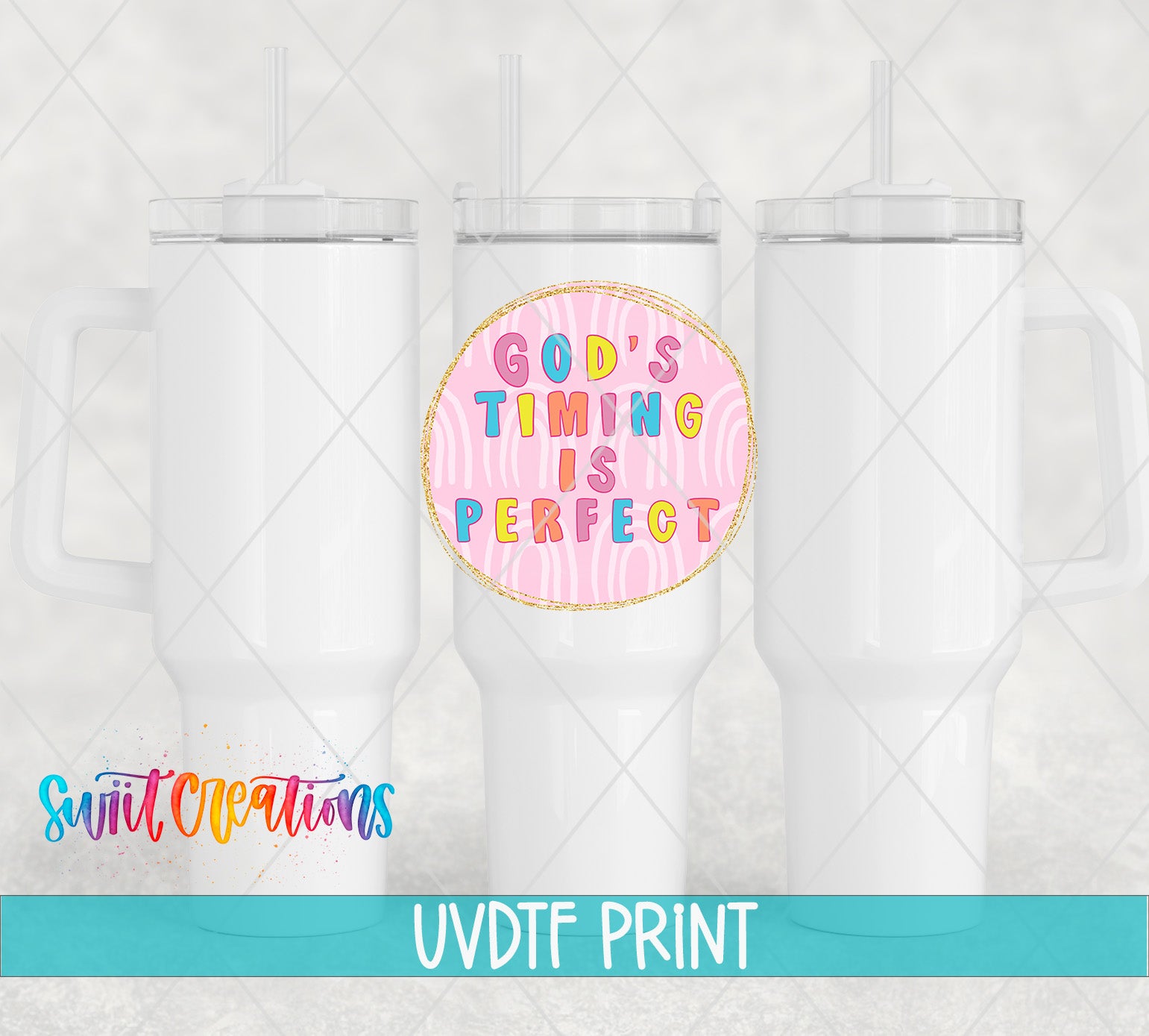 a set of three white tumblers with the words god's time is perfect