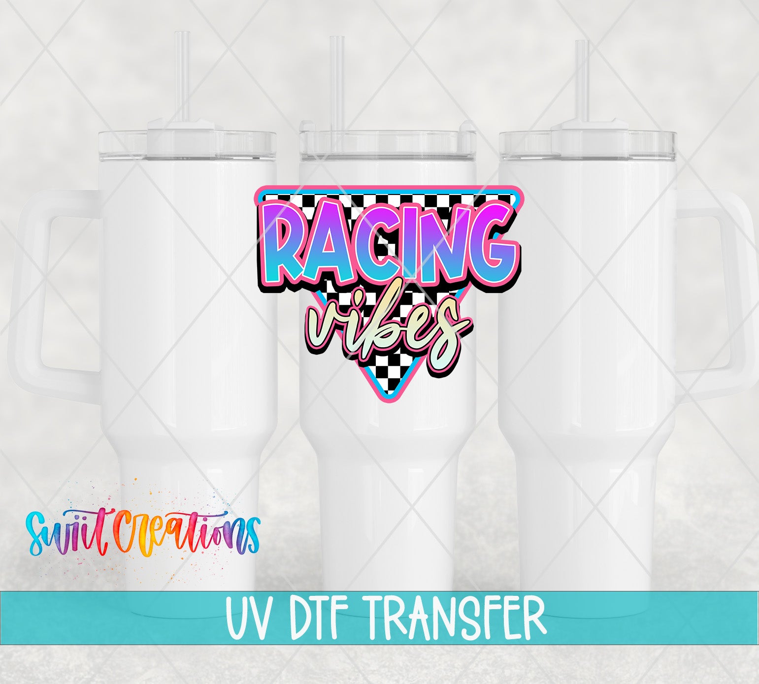 three white tumblers with a colorful and stylized logo that says "RACING VIBES" in the center. The background of the image is white, and there is text at the bottom of the image that reads "UV DFT TRANSFER".