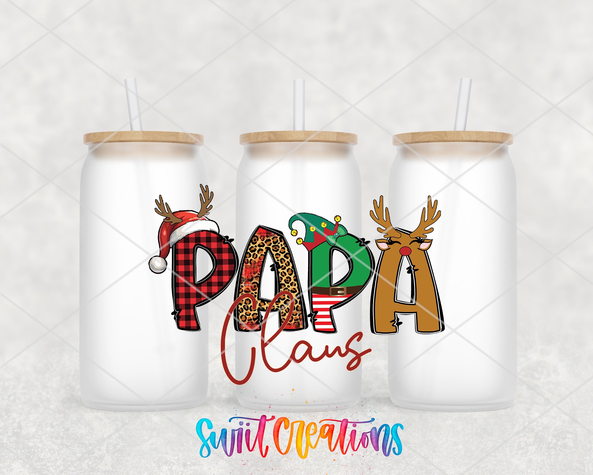 three personalized christmas tumblers with the word papa claus on them