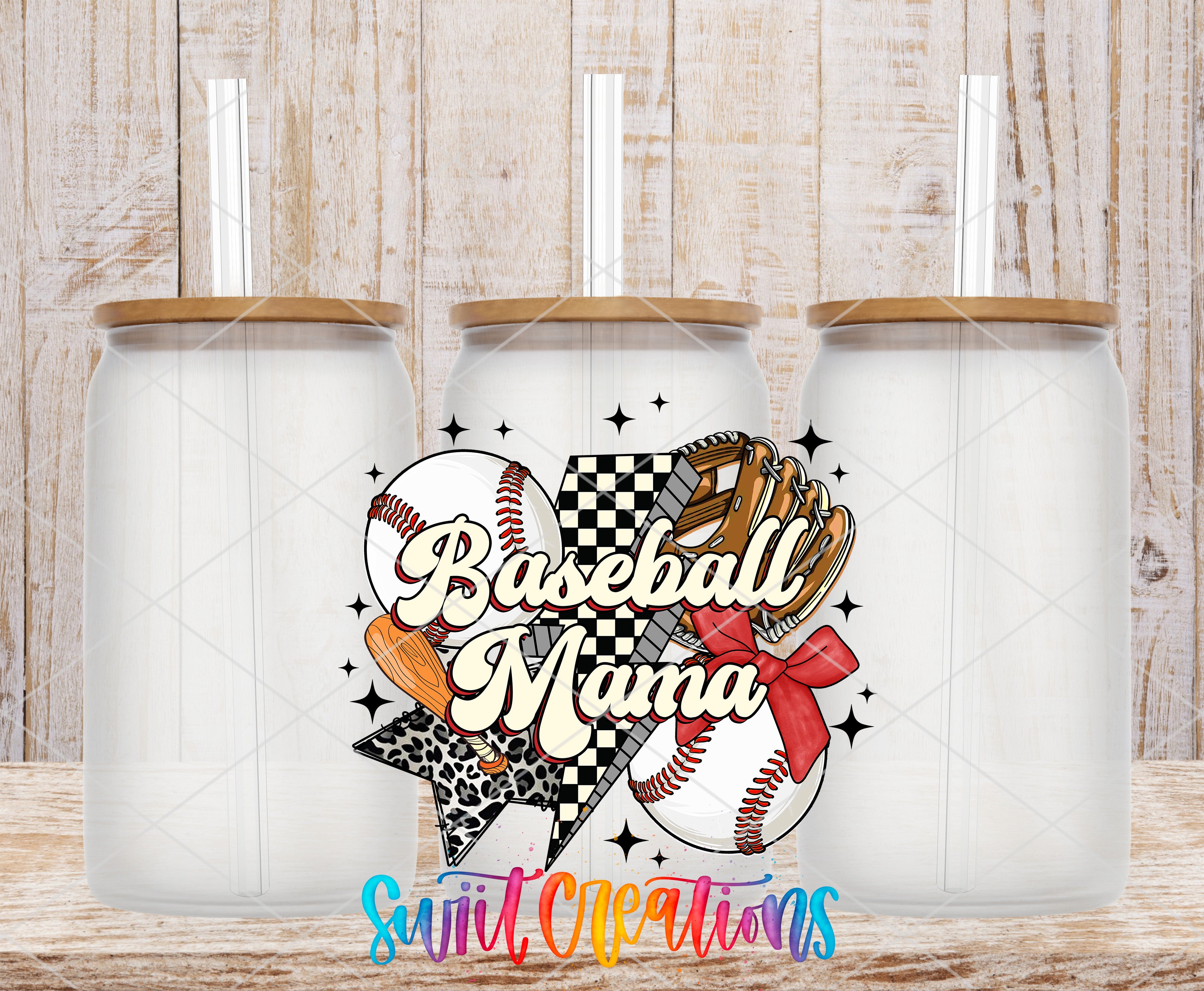 three glass jars with lids, each containing a baseball glove and a baseball, along with a colorful graphic design that says "Baseball Mama".