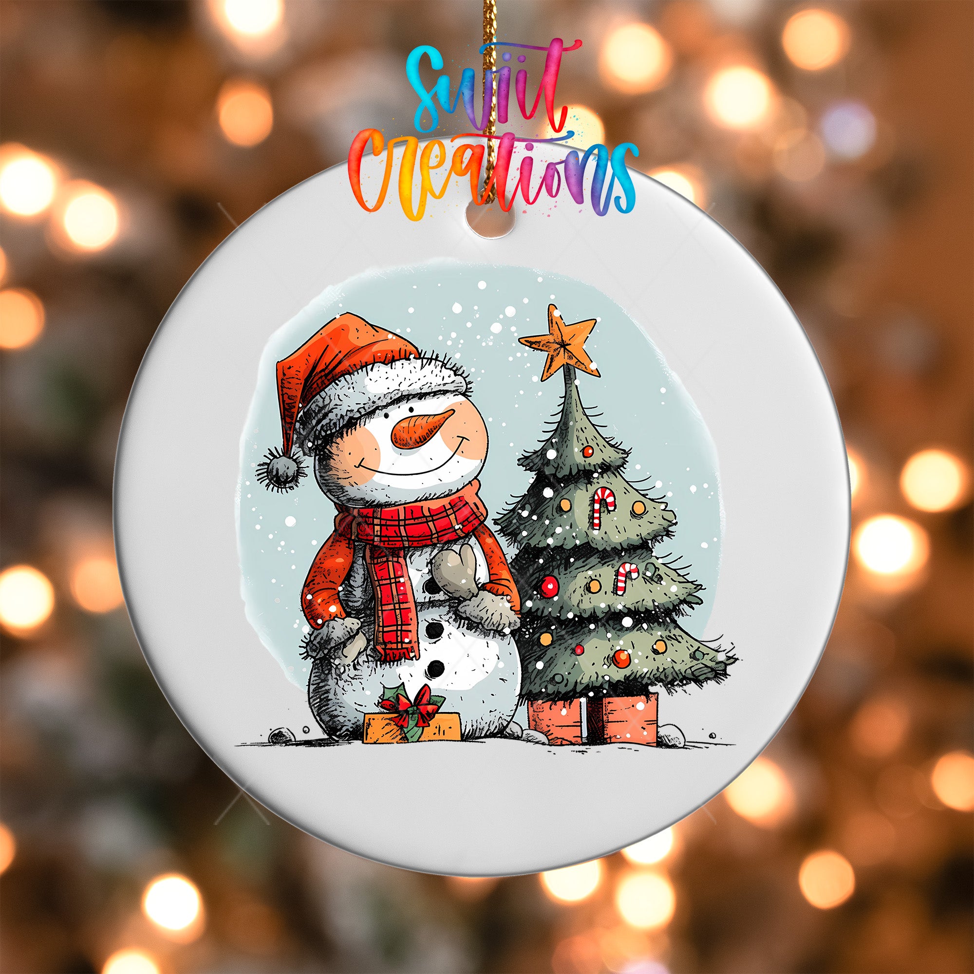 A snowman wearing a red scarf and hat stands next to a Christmas tree, with a star on top, against a background of twinkling lights.