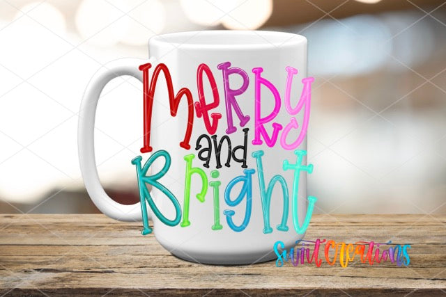 a coffee mug with the words merry and bright on it