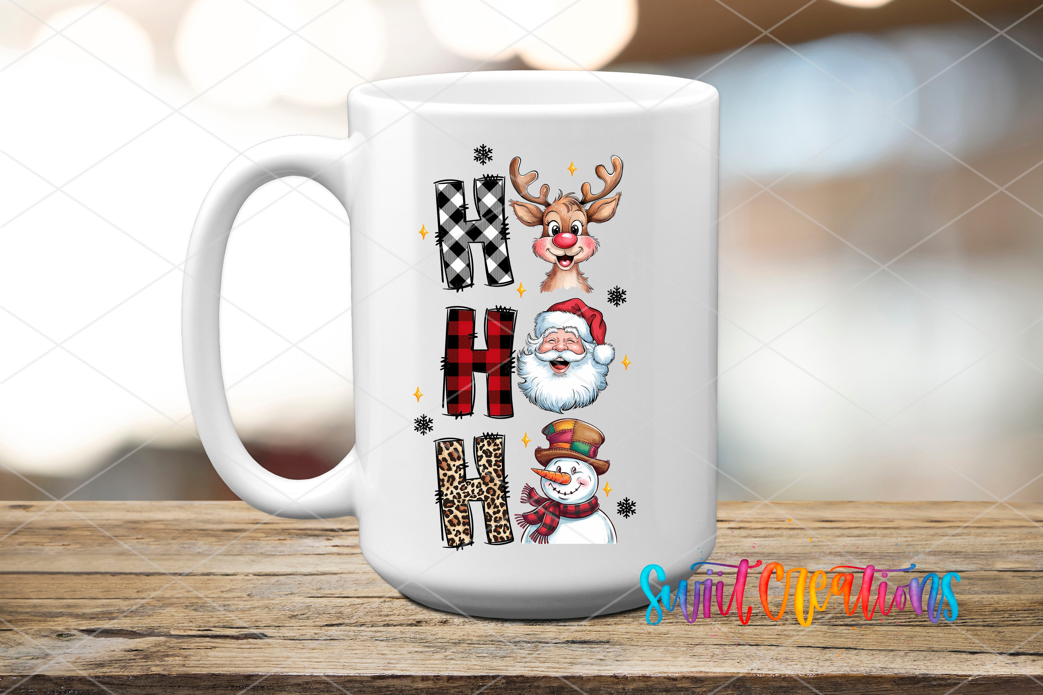 A white ceramic mug with a design featuring a reindeer, Santa Claus, and a snowman.