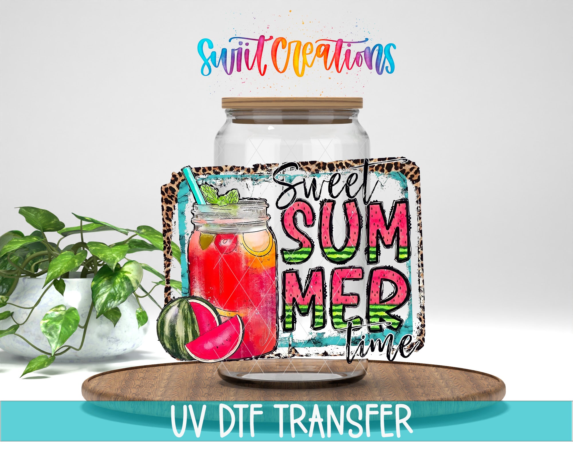 a jar of lemonade with a sign that says "Sweet Summer Times" and a plant in the background.