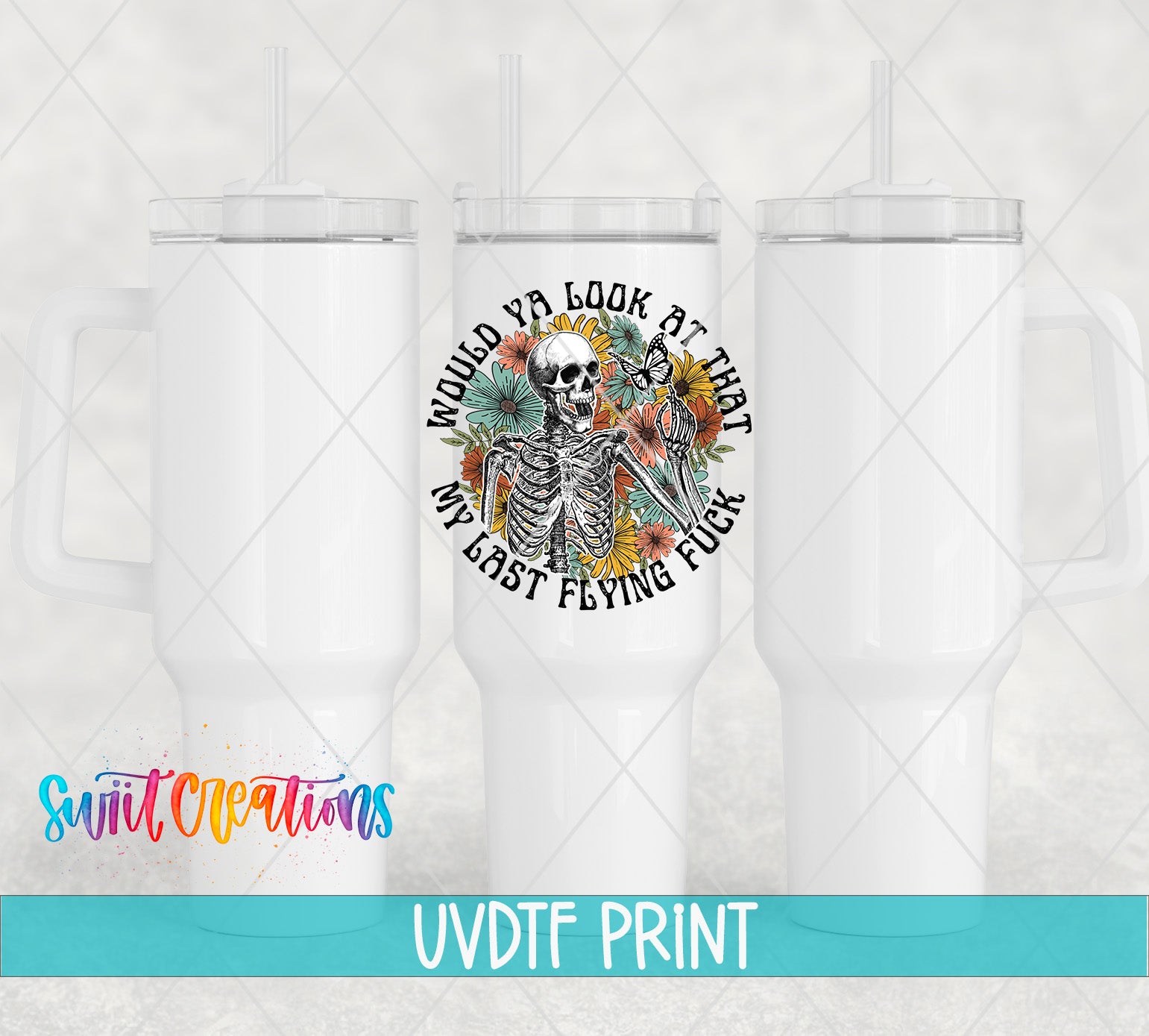 three white tumblers with a colorful graphic design on them.