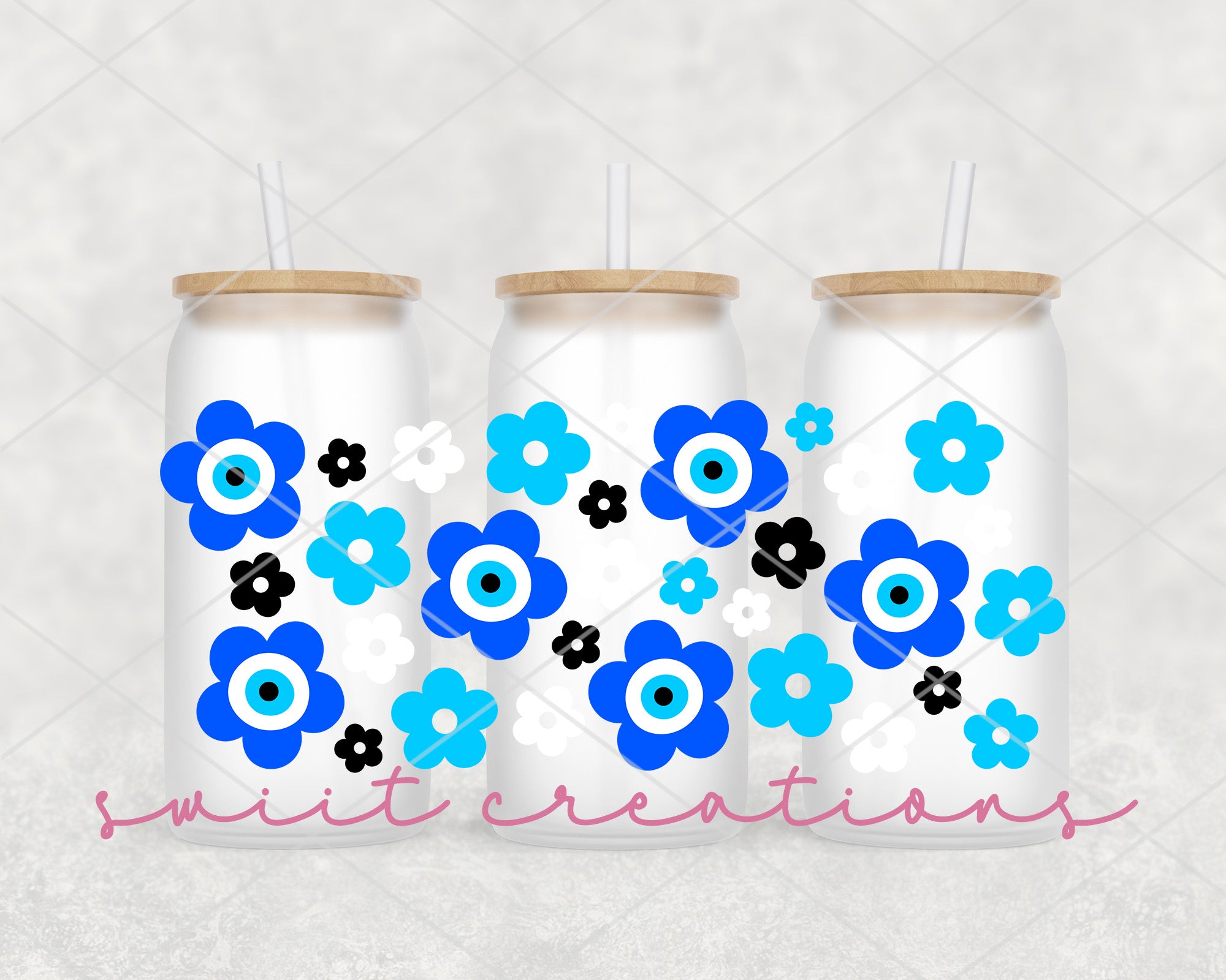 three mason jars with flowers painted on them