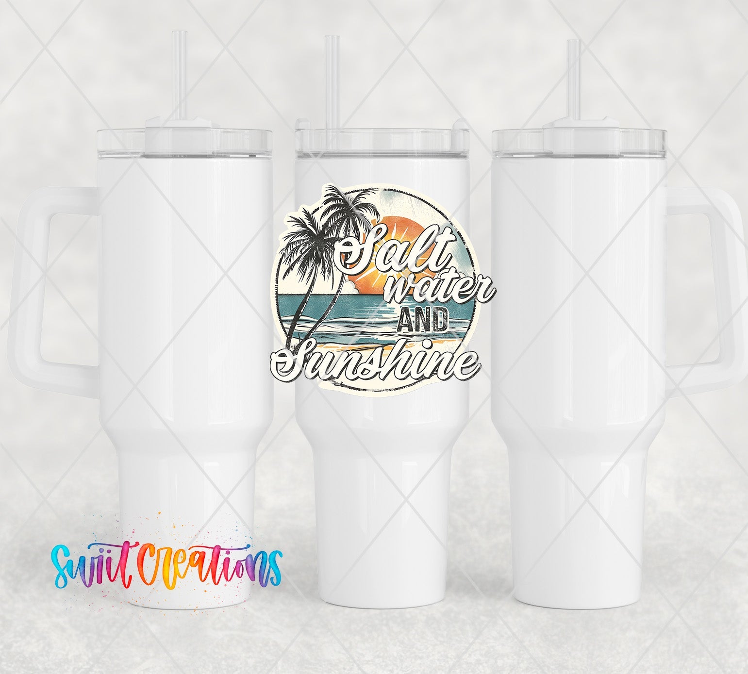 a white tumbler cup with a palm tree on it