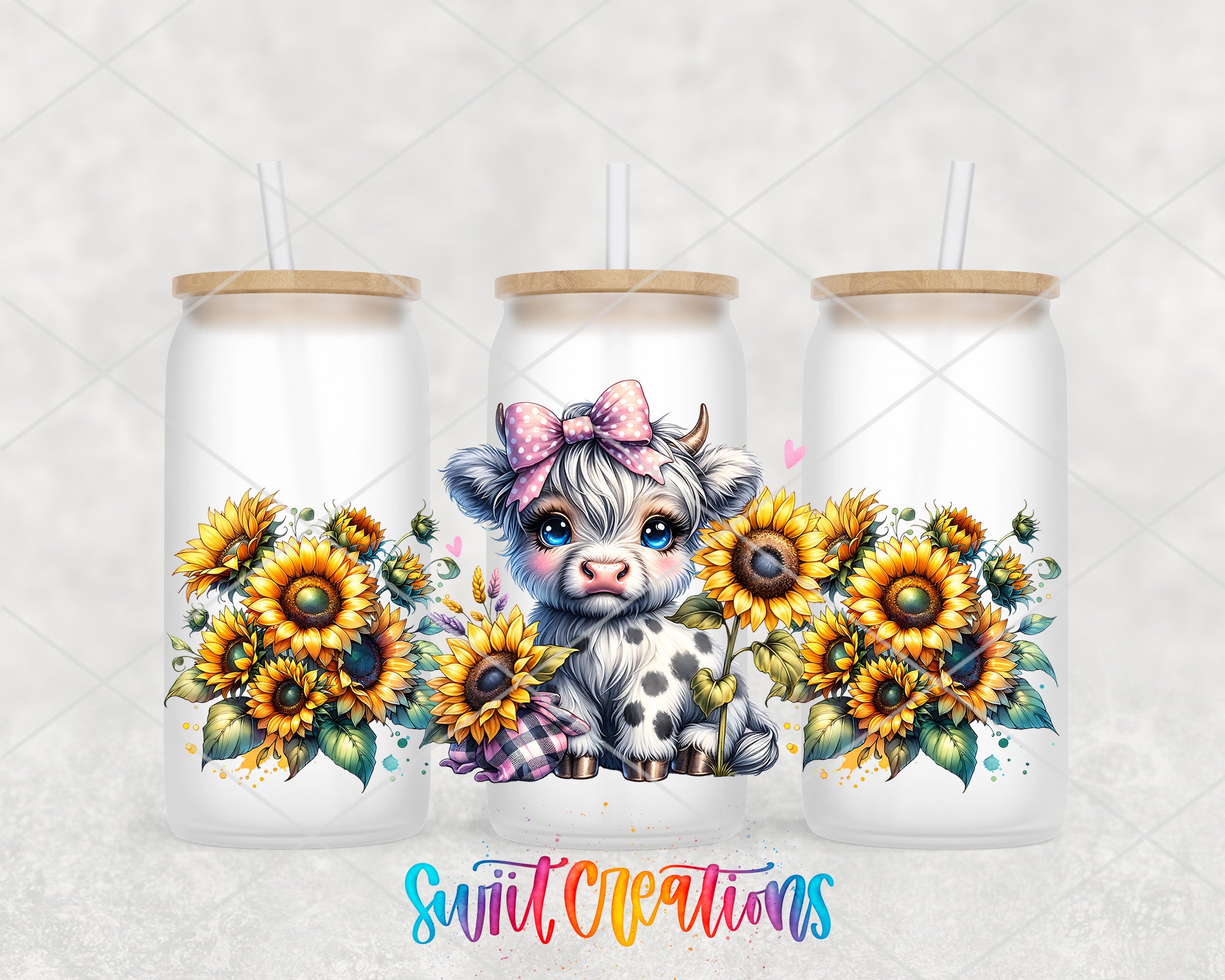 three white tumblers with illustrations of a cow surrounded by sunflowers.