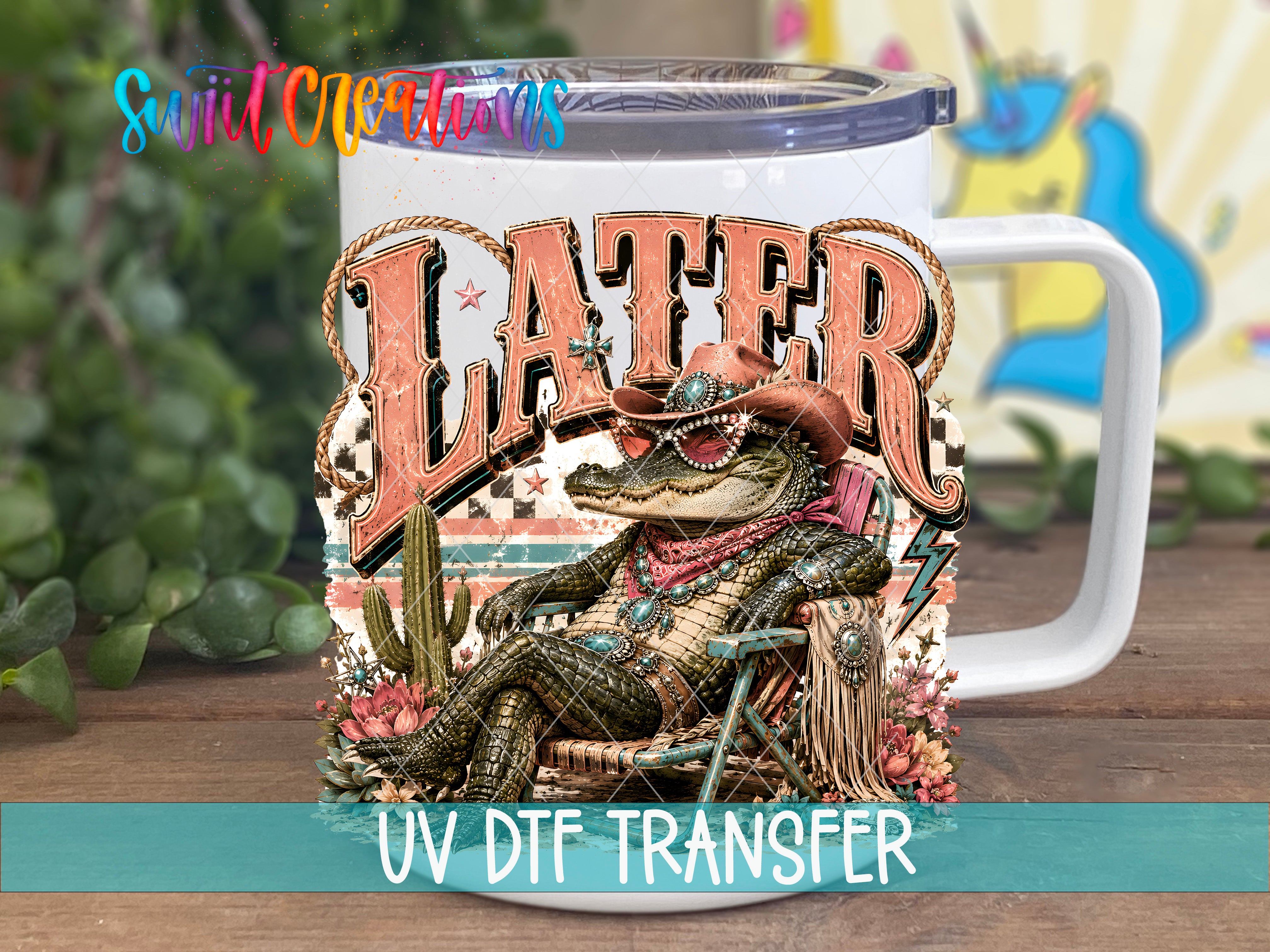 A mug with a colorful, whimsical design featuring a cartoon alligator wearing a cowboy hat and sunglasses, sitting in a chair surrounded by various elements such as flowers, cacti, and a rainbow.