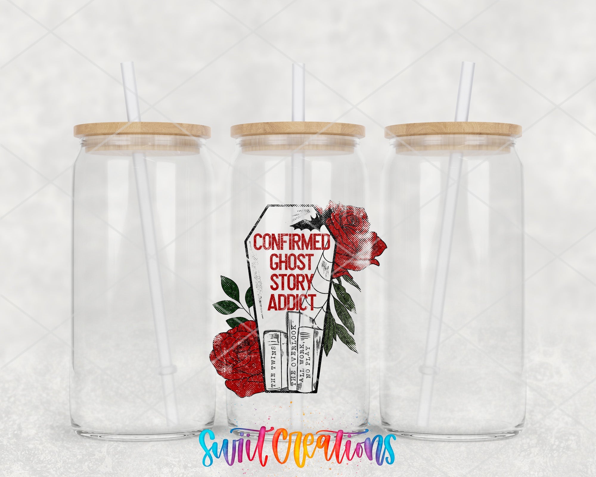 a couple of glass jars with flowers on them