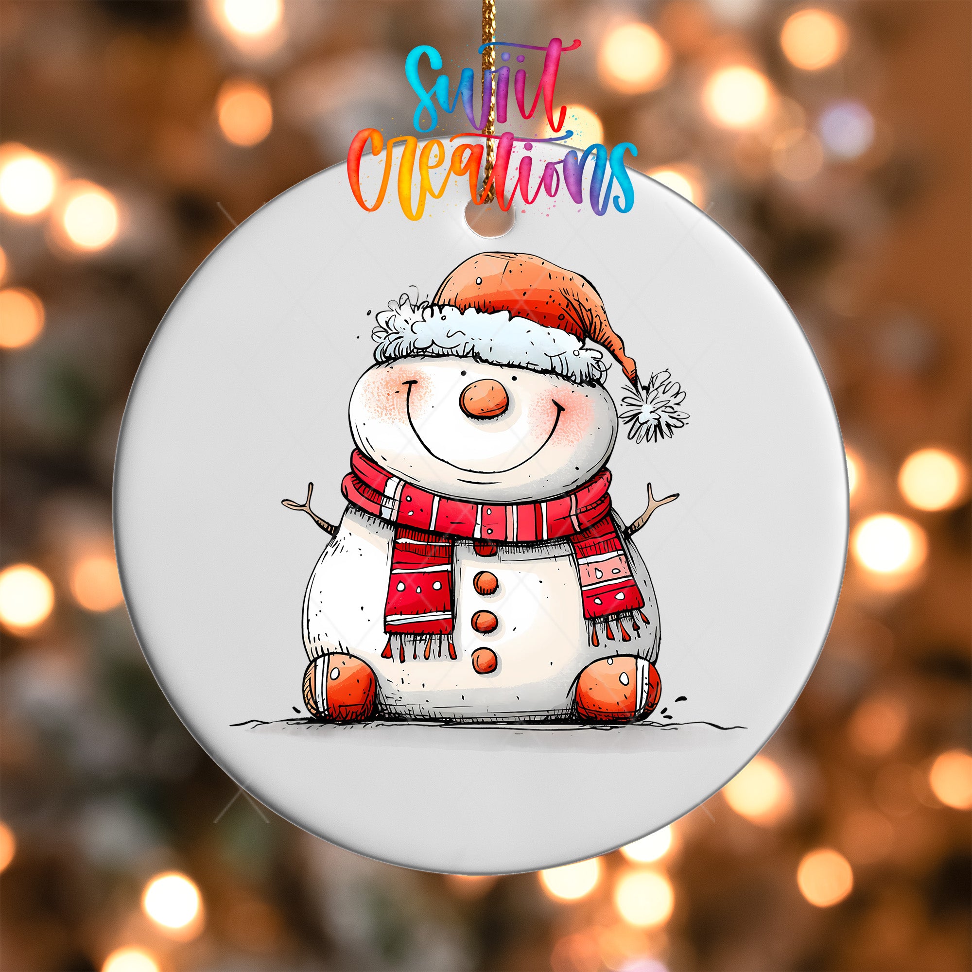 A snowman ornament with a red scarf and hat, sitting on the ground with a smile on its face, against a background of colorful lights.