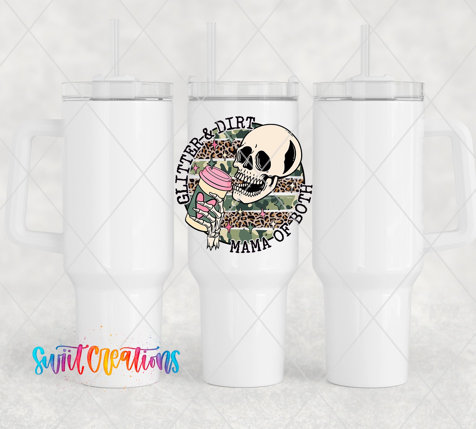 a white cup with a skull on it