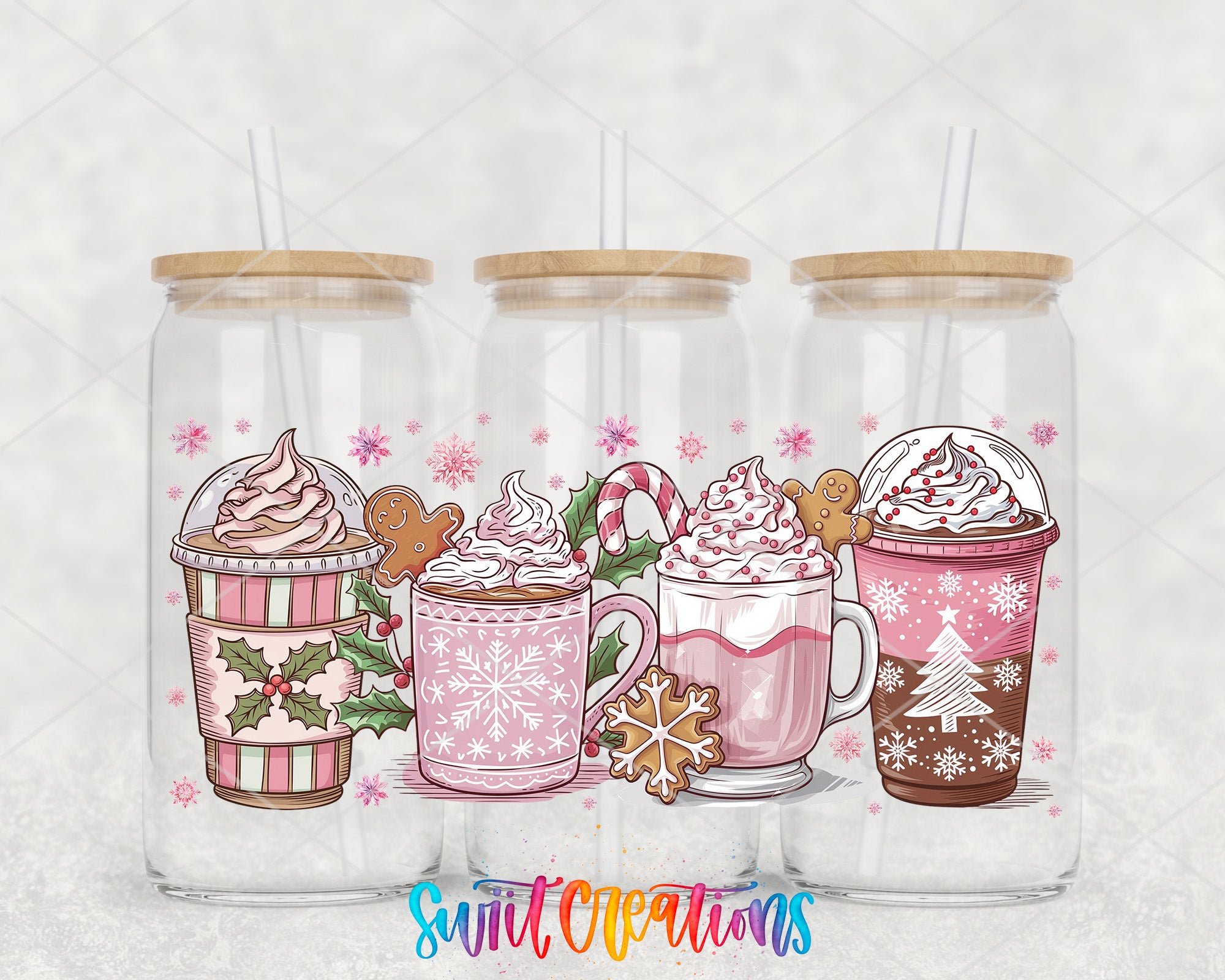 three glass mugs filled with different types of hot chocolate