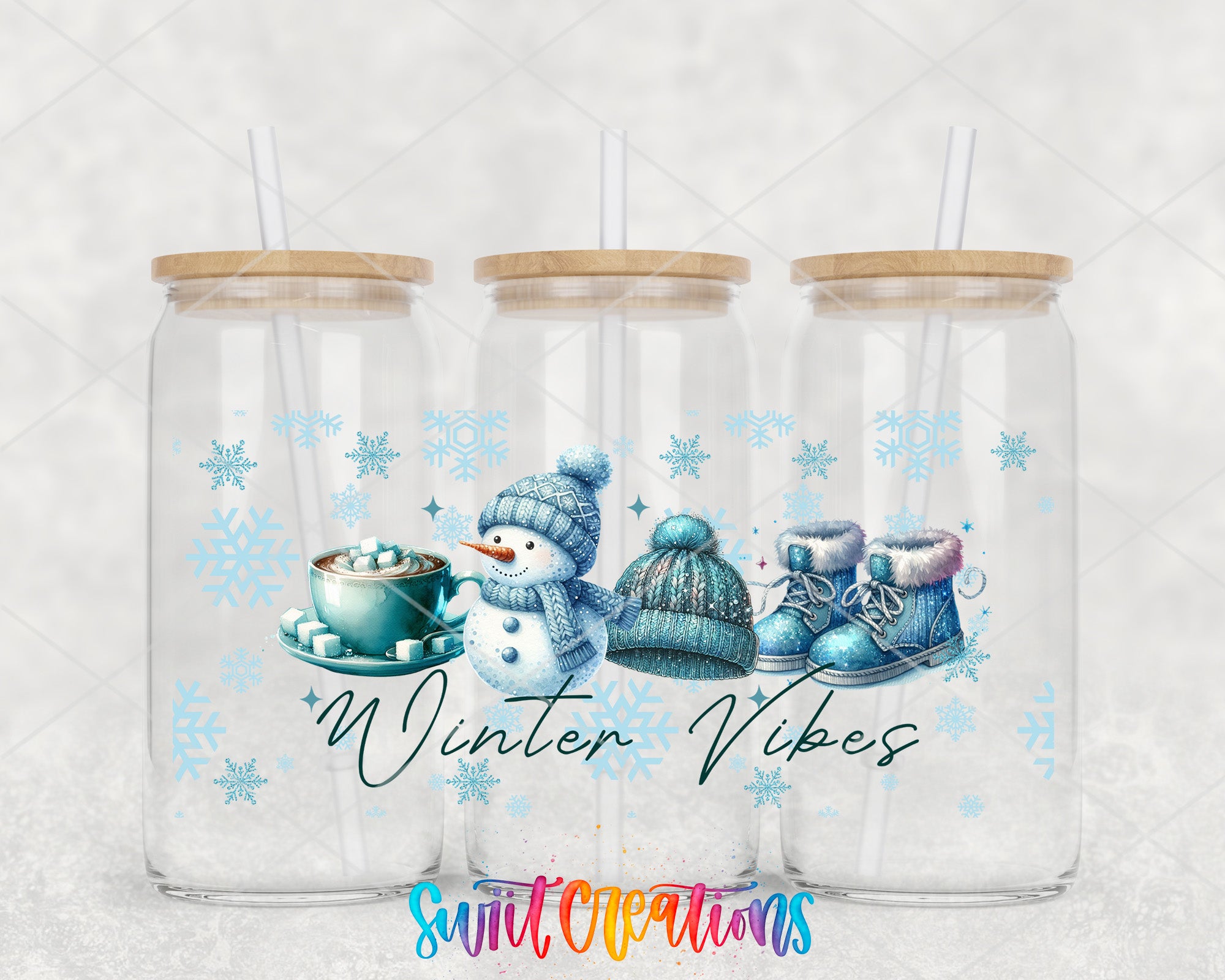 A collection of three glass jars with winter-themed illustrations on them, including a snowman, a pair of boots, and a cup of hot chocolate. The text "Winter Vibes" is displayed prominently in the center of the jars.