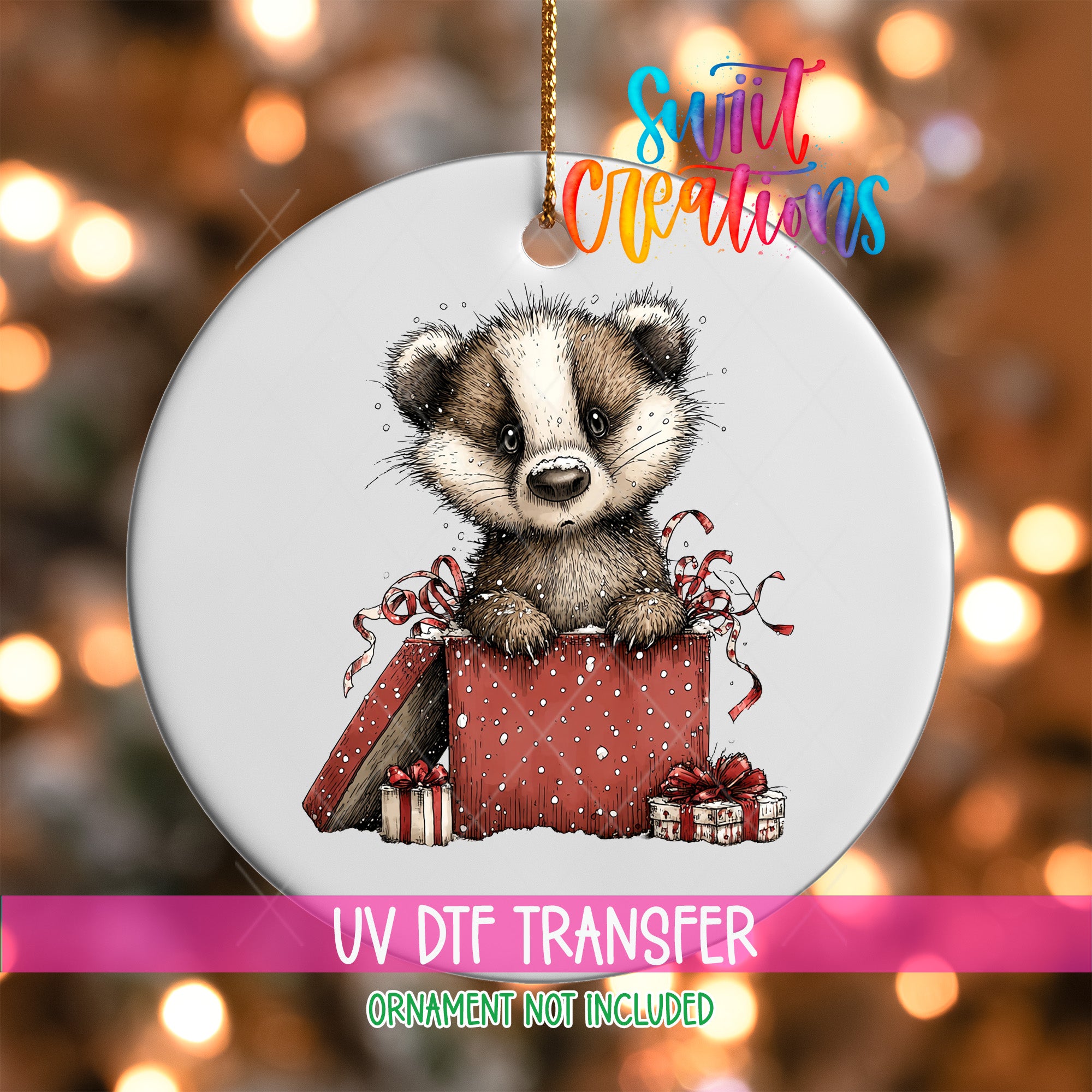A ceramic ornament featuring a cartoon badger sitting inside a red gift box, surrounded by presents and ribbons.