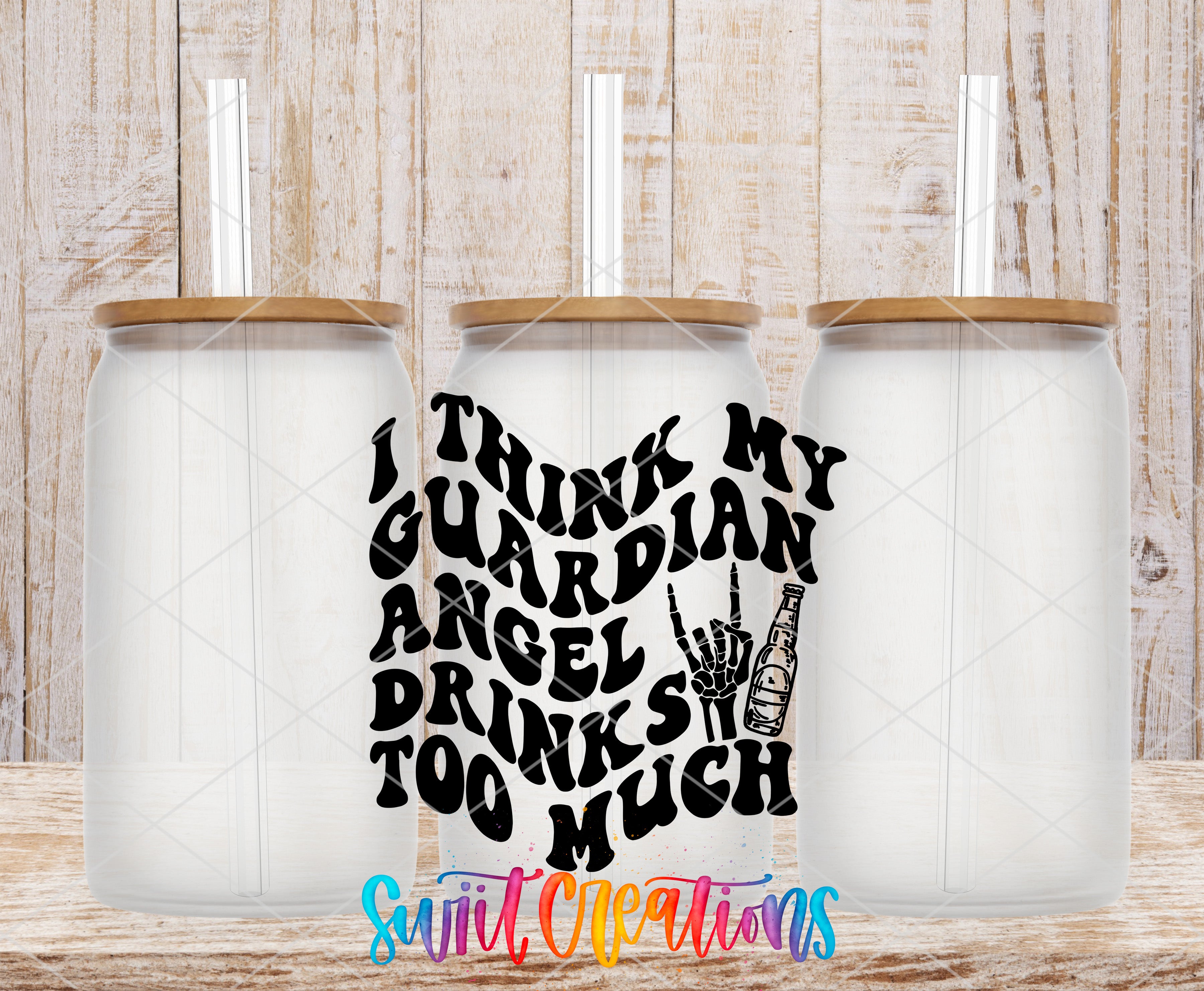 three clear glass jars with lids, each containing a straw. The jars are arranged in a row, and there is a hand-drawn text design in the center of the image.