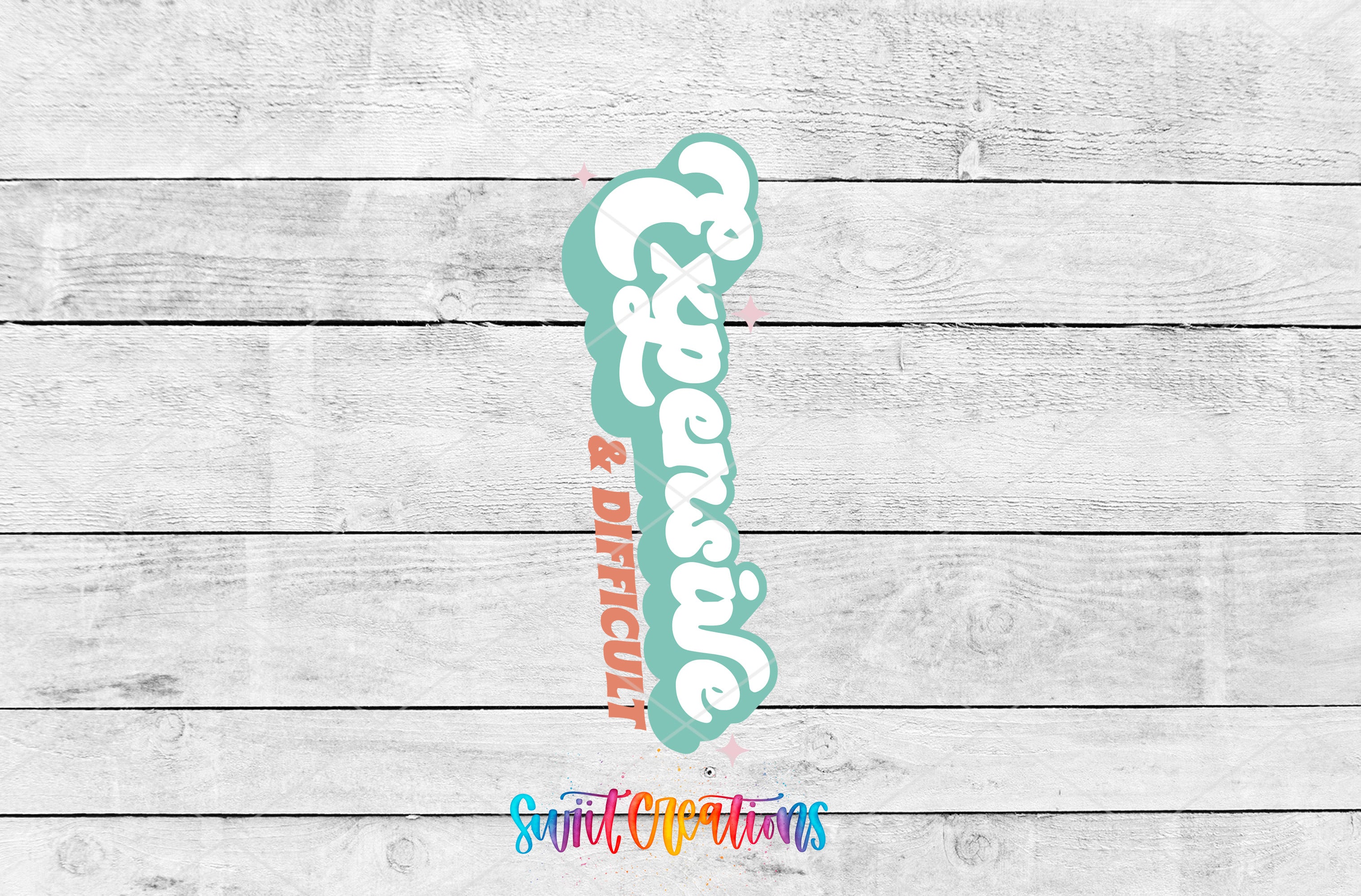 a colorful, stylized text that reads "Expensive & Difficult" against a white wooden background.