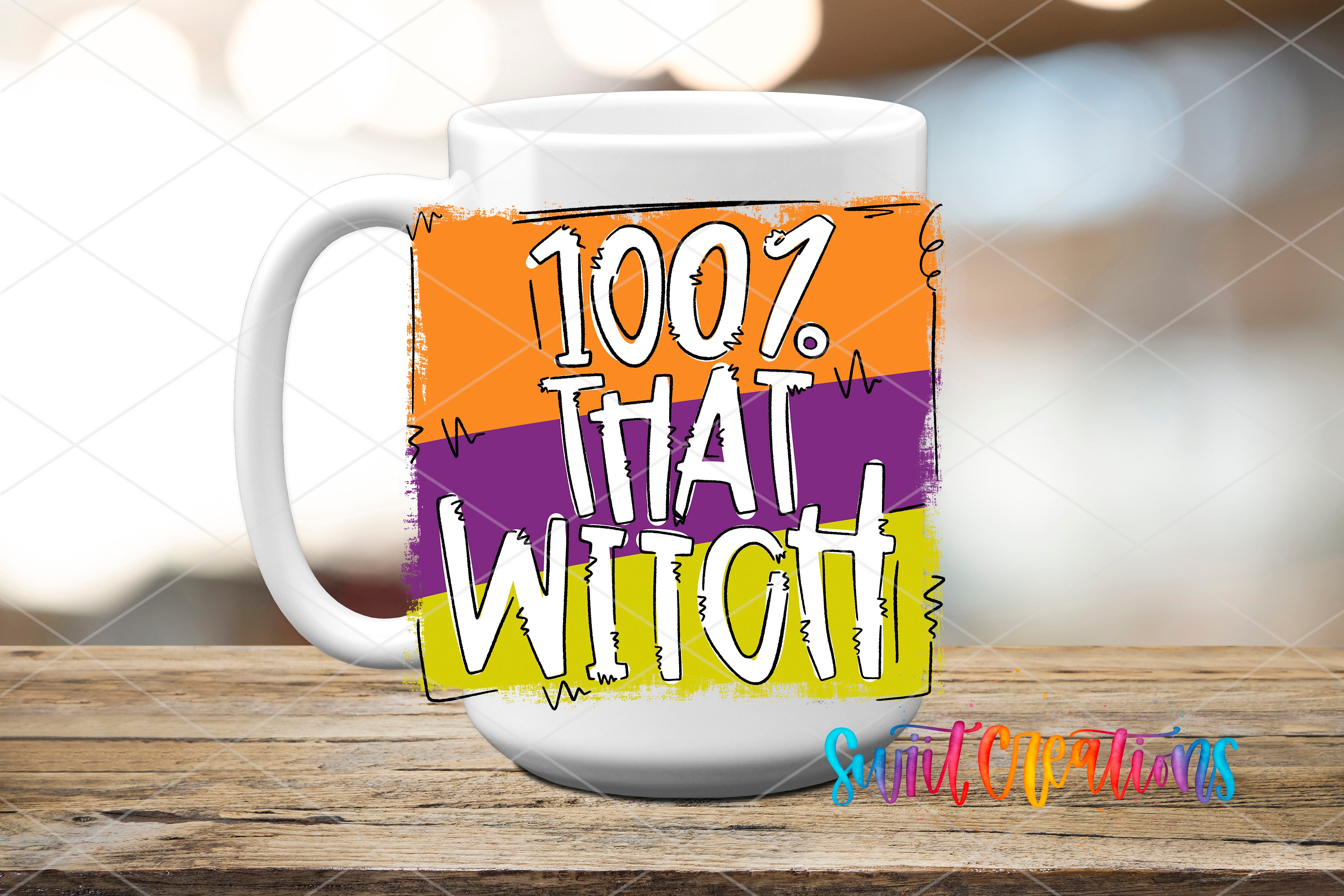 A white mug with a colorful graphic design featuring the text "1007. THAT WITCH" in a playful, artistic style.