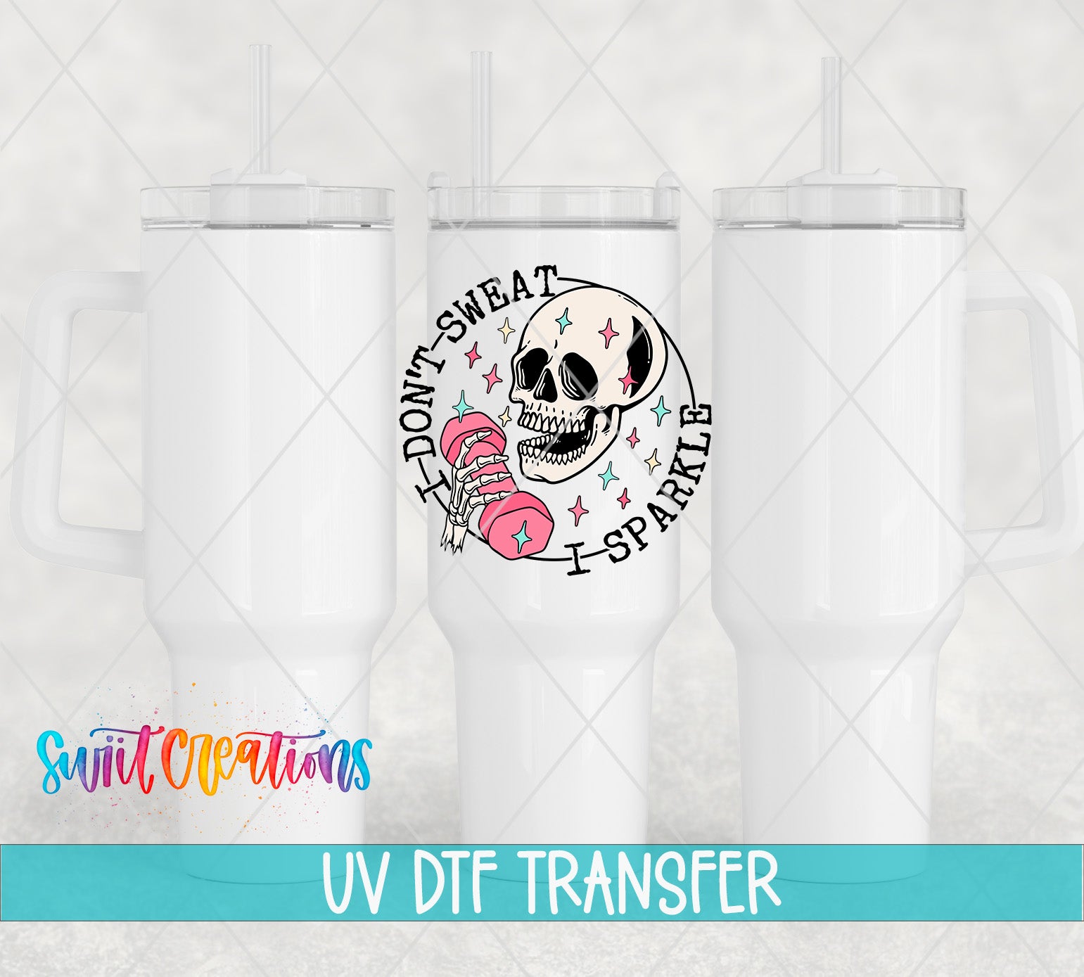 a white ceramic mug with a skull design and text, along with a UV DFT (Digital Ink Transfer) logo and text indicating that it is a transfer of a design from one object to another.