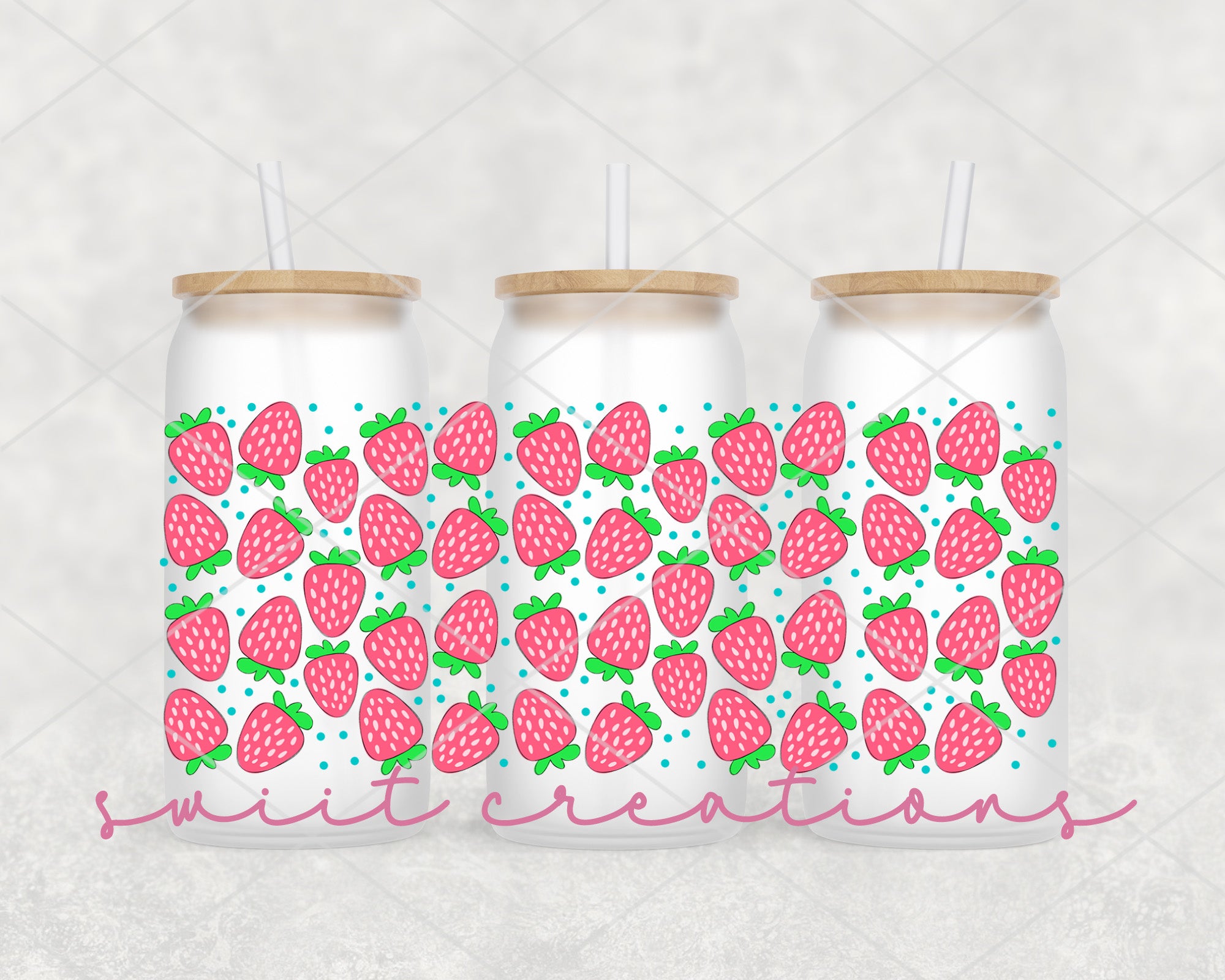 a set of three strawberries on a white background